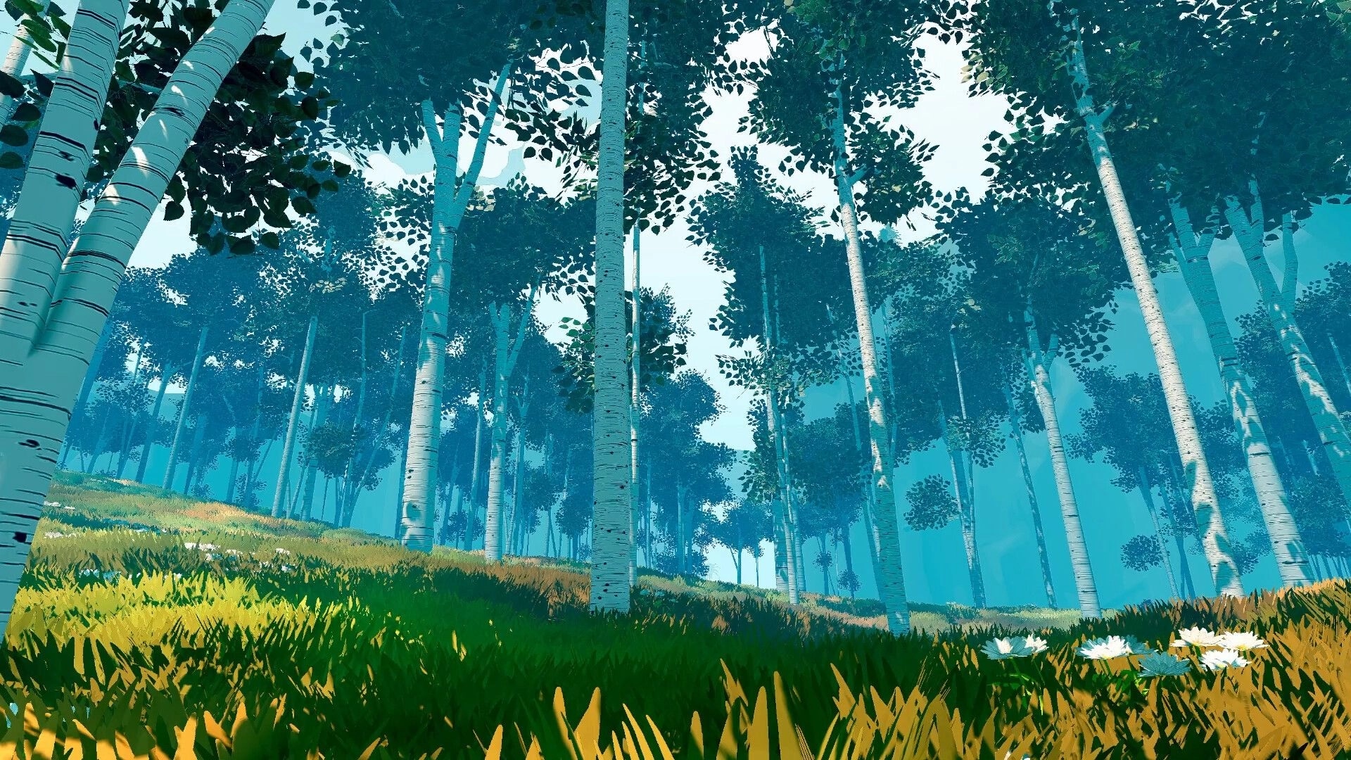 All Those Who Wander: Serene forest with tall trees and wildflowers in a sunlit clearing