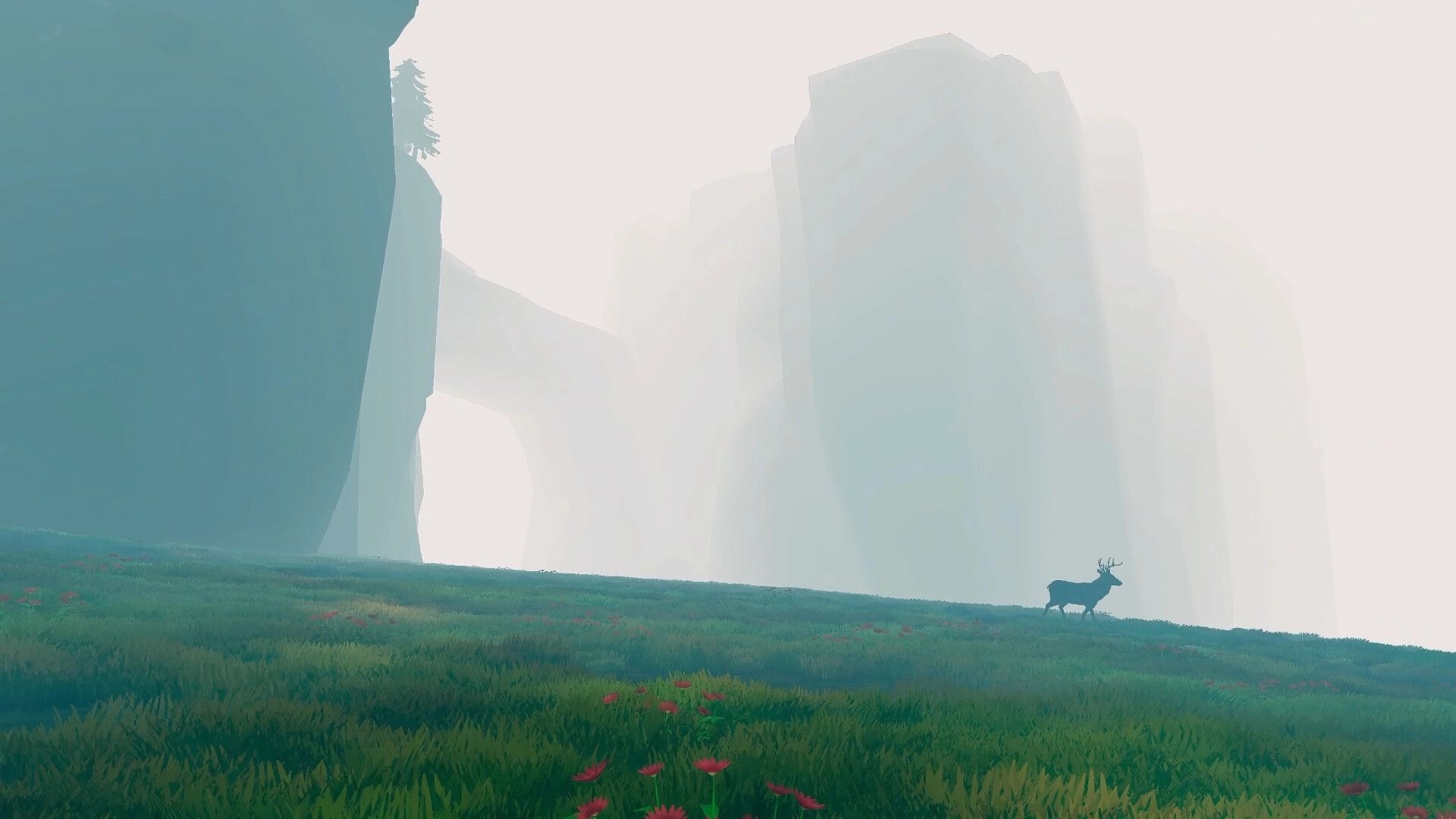 All Those Who Wander: Lone deer standing in a misty valley surrounded by towering cliffs and wildflowers.