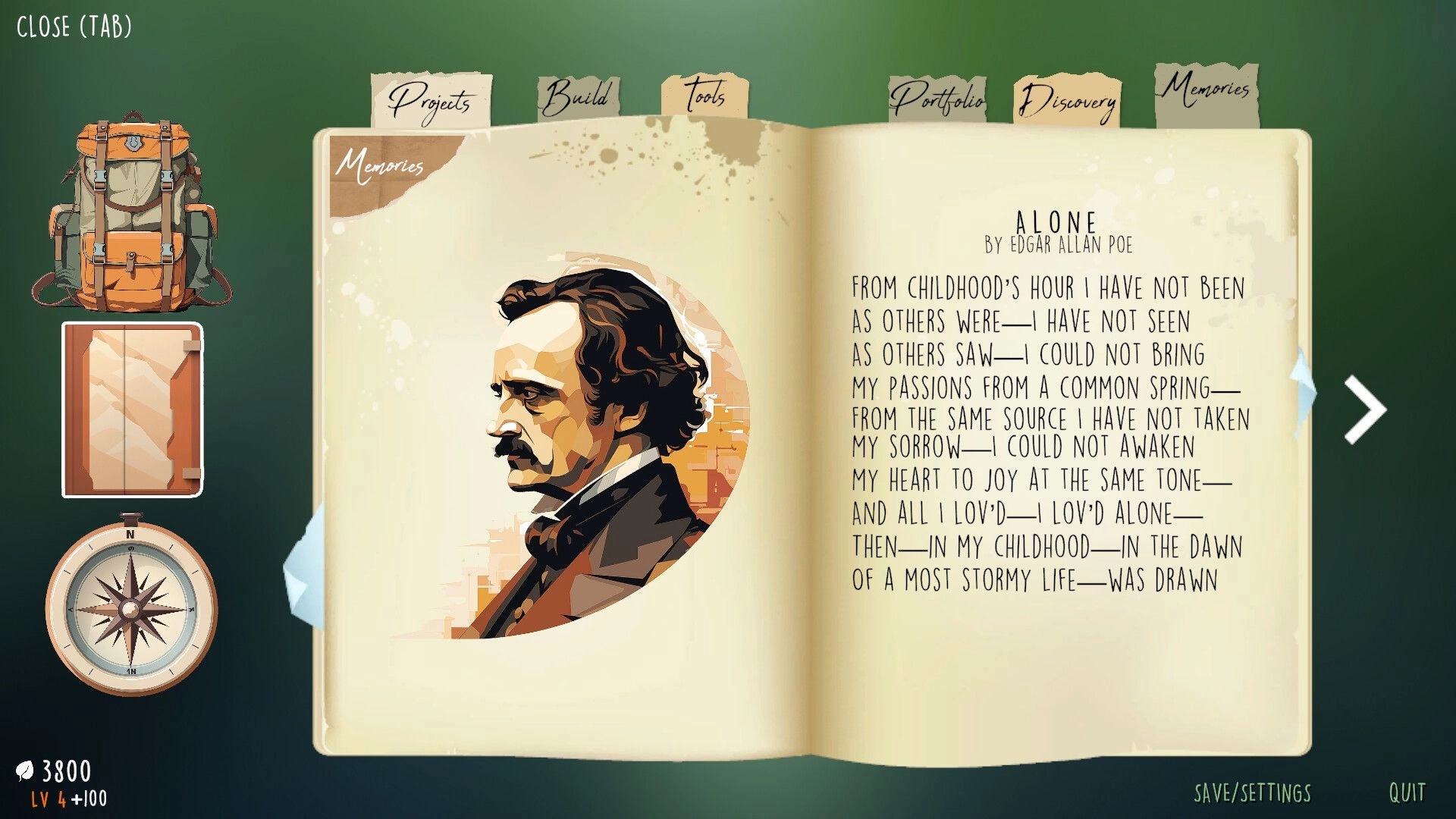 All Those Who Wander: Memories tab open with Edgar Allan Poe portrait and poem on a virtual book page