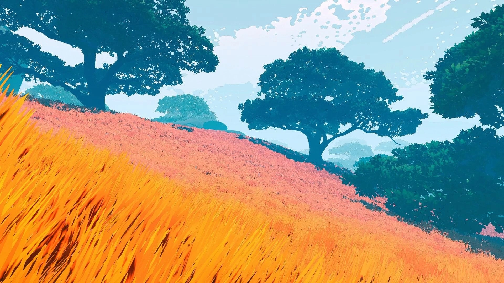 All Those Who Wander: Expansive vibrant field with tall orange grass and distant silhouetted trees
