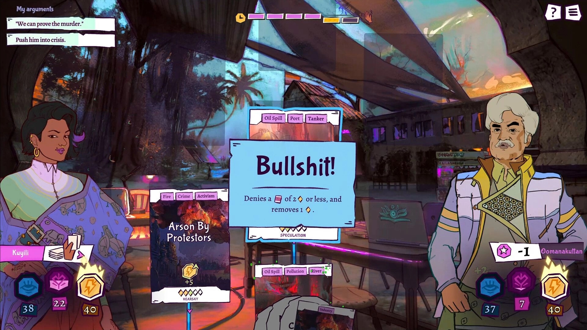 All Will Rise: Argument card "Bullshit!" played in debate UI between two characters in a port cafe.