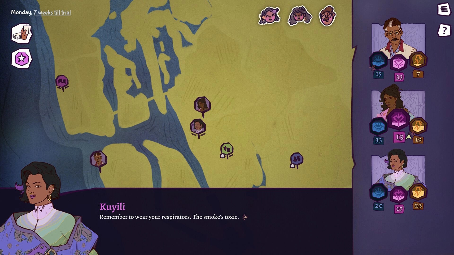 All Will Rise: Map screen with lead markers and Kuyili dialogue panel over a river delta backdrop.