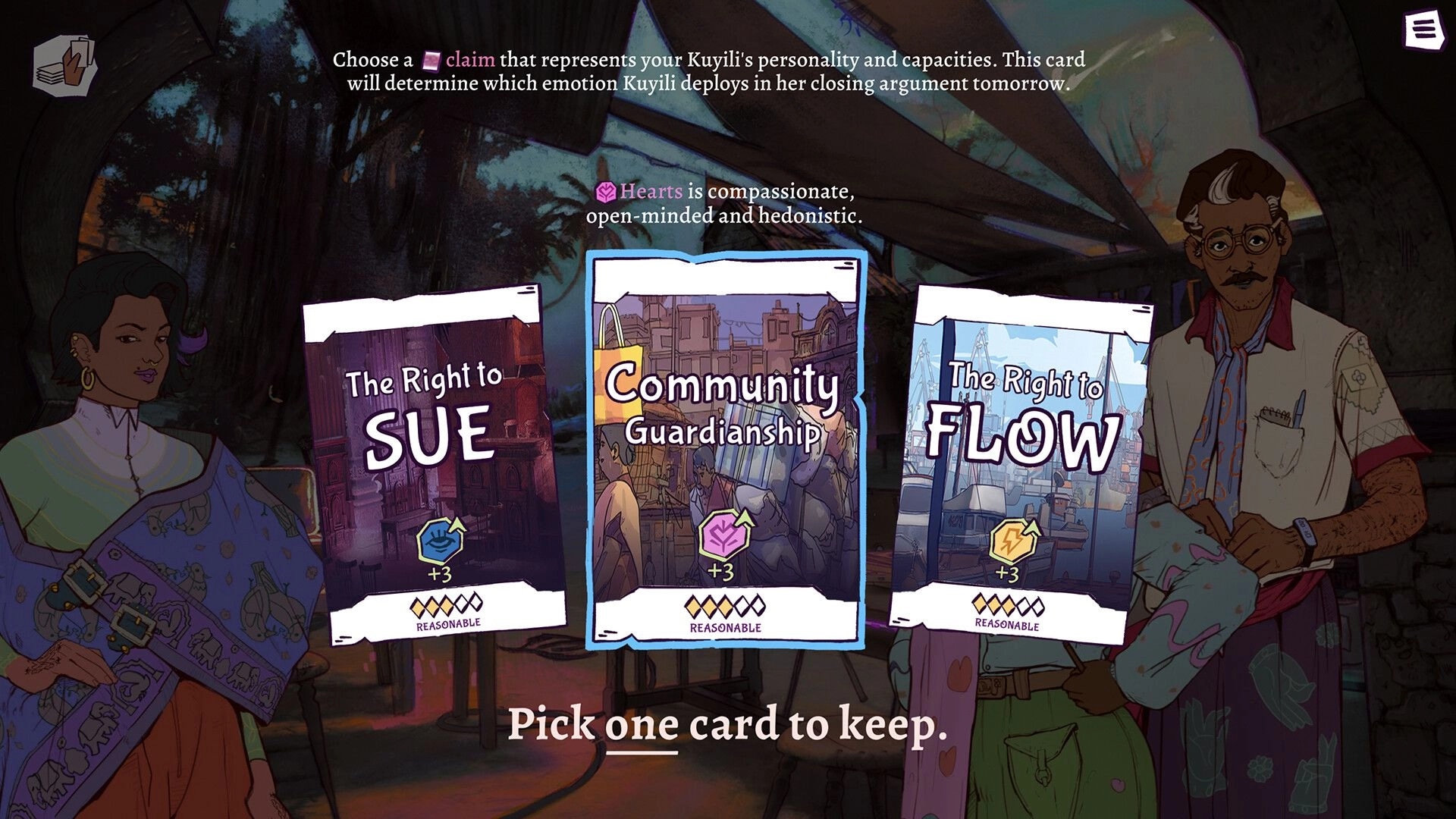 All Will Rise: Choose a claim card to keep from three options in a dim market scene with two portraits.