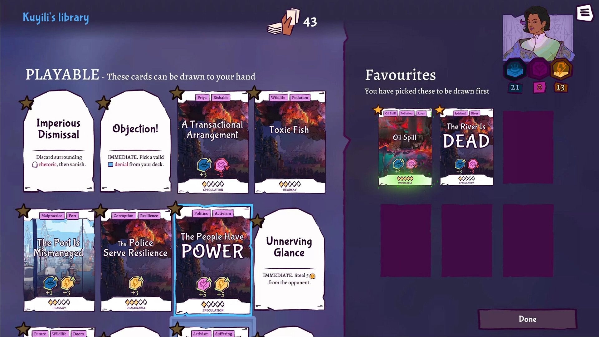 All Will Rise: Deck management screen with playable cards and favourites slots in Kuyili's library UI.