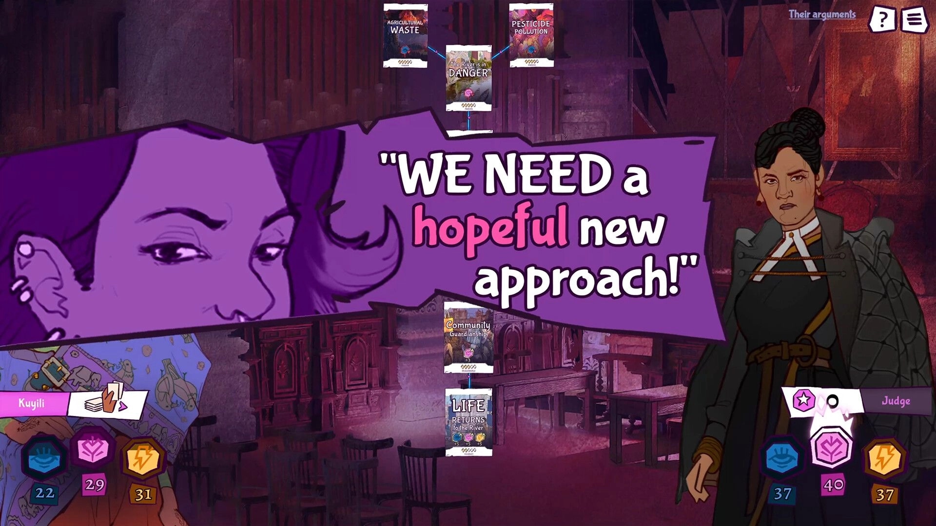 All Will Rise: Debate UI with card chain and judge portrait as dialogue fills a dim hall interior.