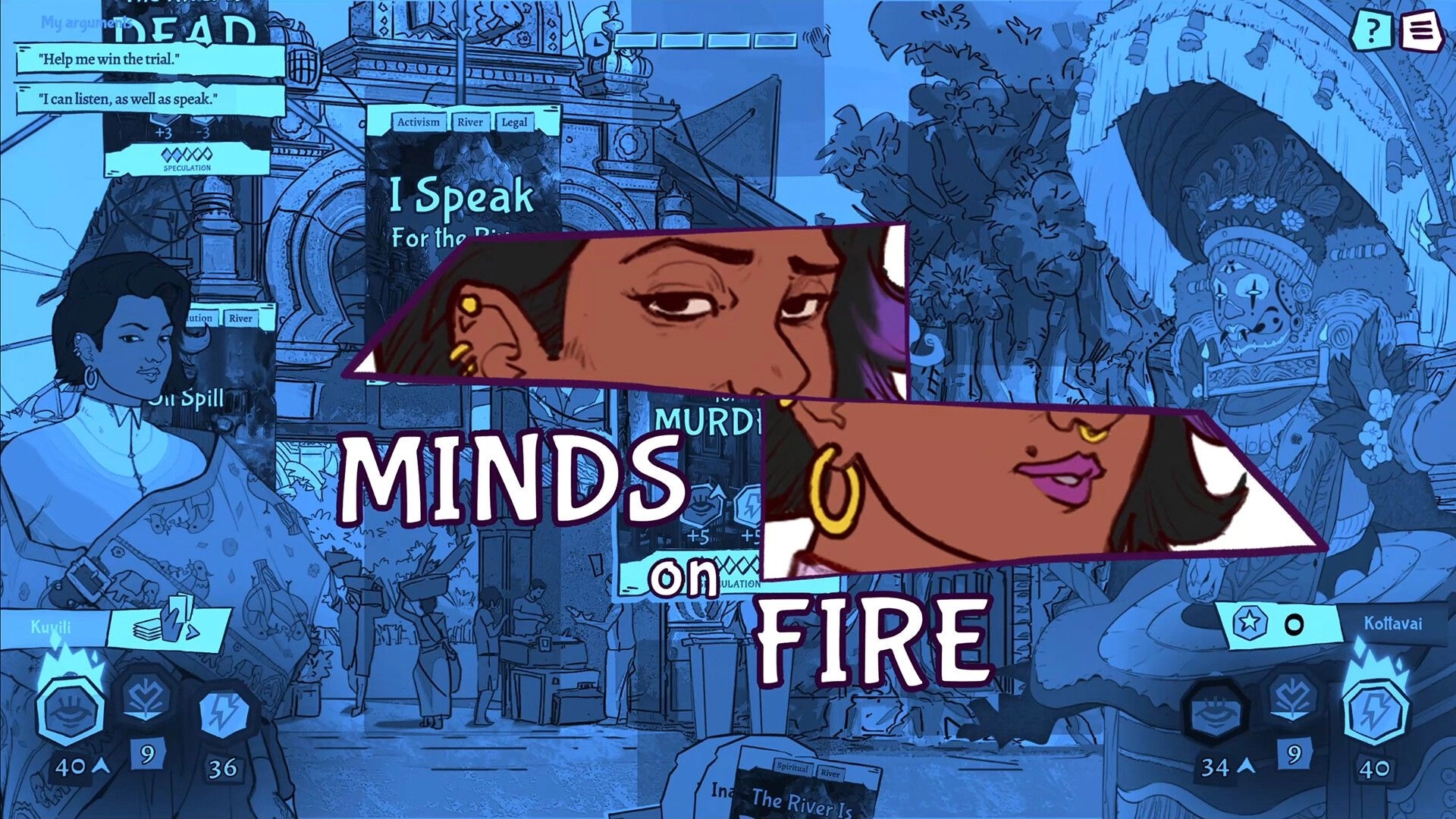 All Will Rise: Argument card choice with character close-ups and “Minds on Fire” over blue temple courtyard UI.