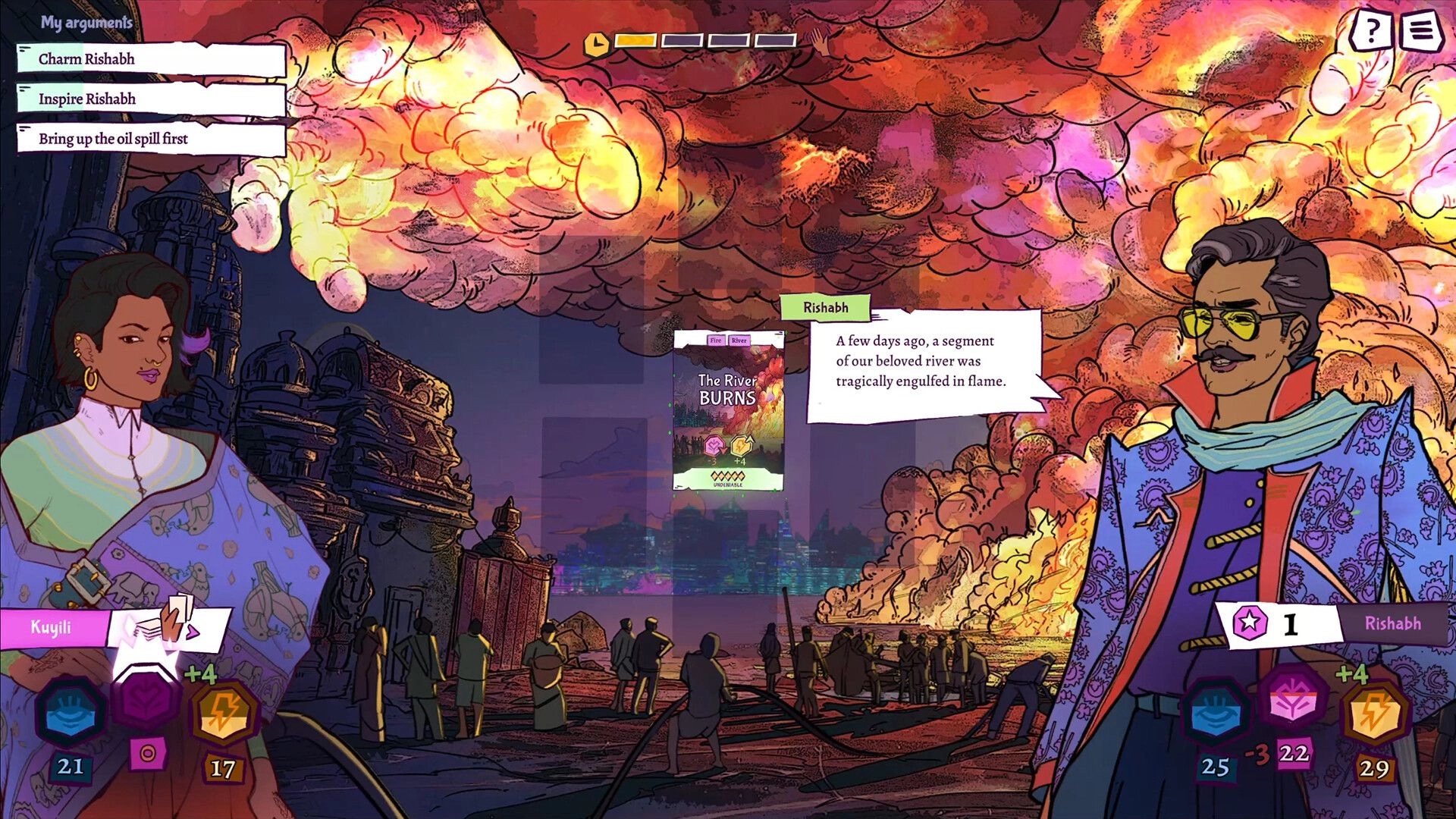 All Will Rise: Dialogue debate UI with Kuyili and Rishabh as a river fire rages behind them at night.