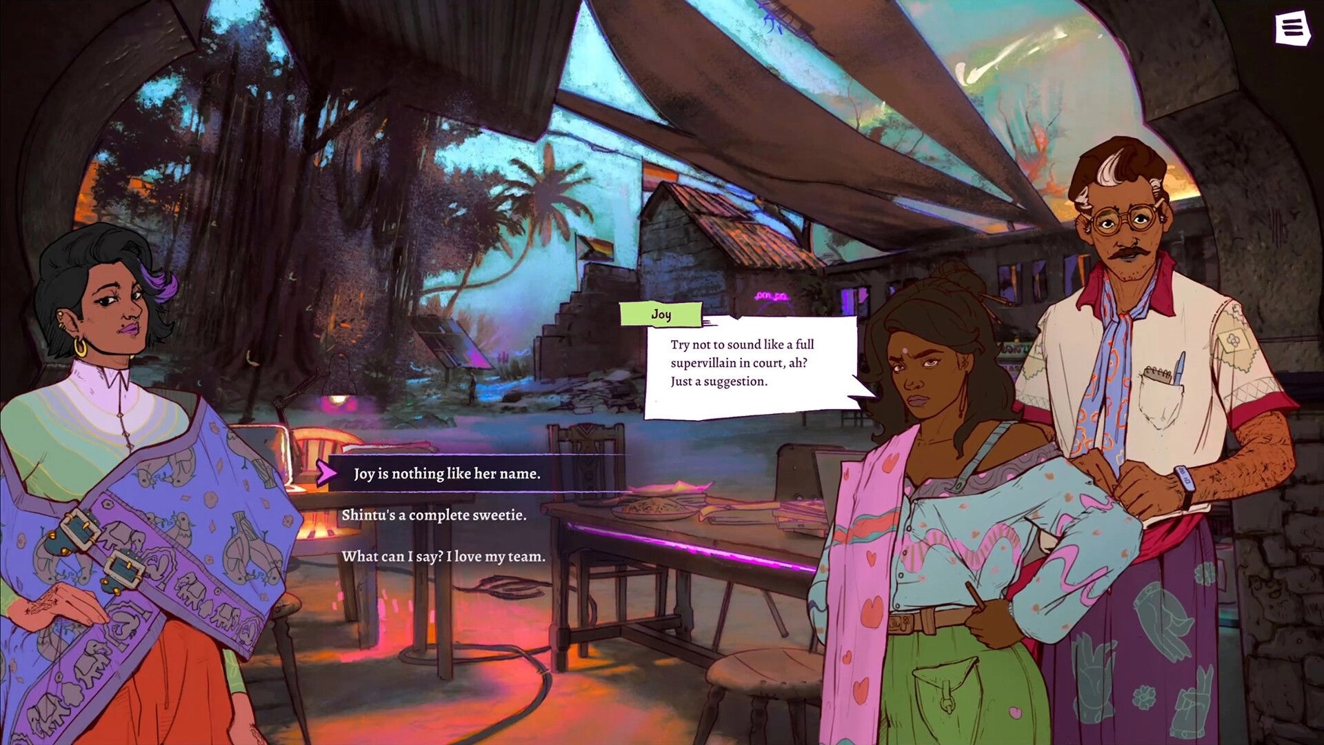 All Will Rise: Dialogue choices with Joy and two teammates at a neon-lit outdoor cafe patio.