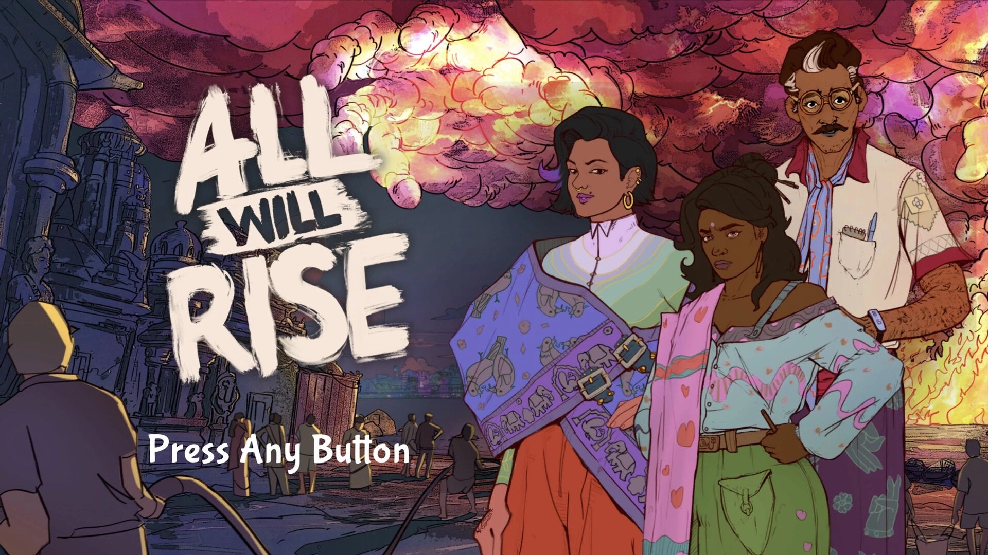 All Will Rise: Title screen with Press Any Button and three characters before burning city skyline.