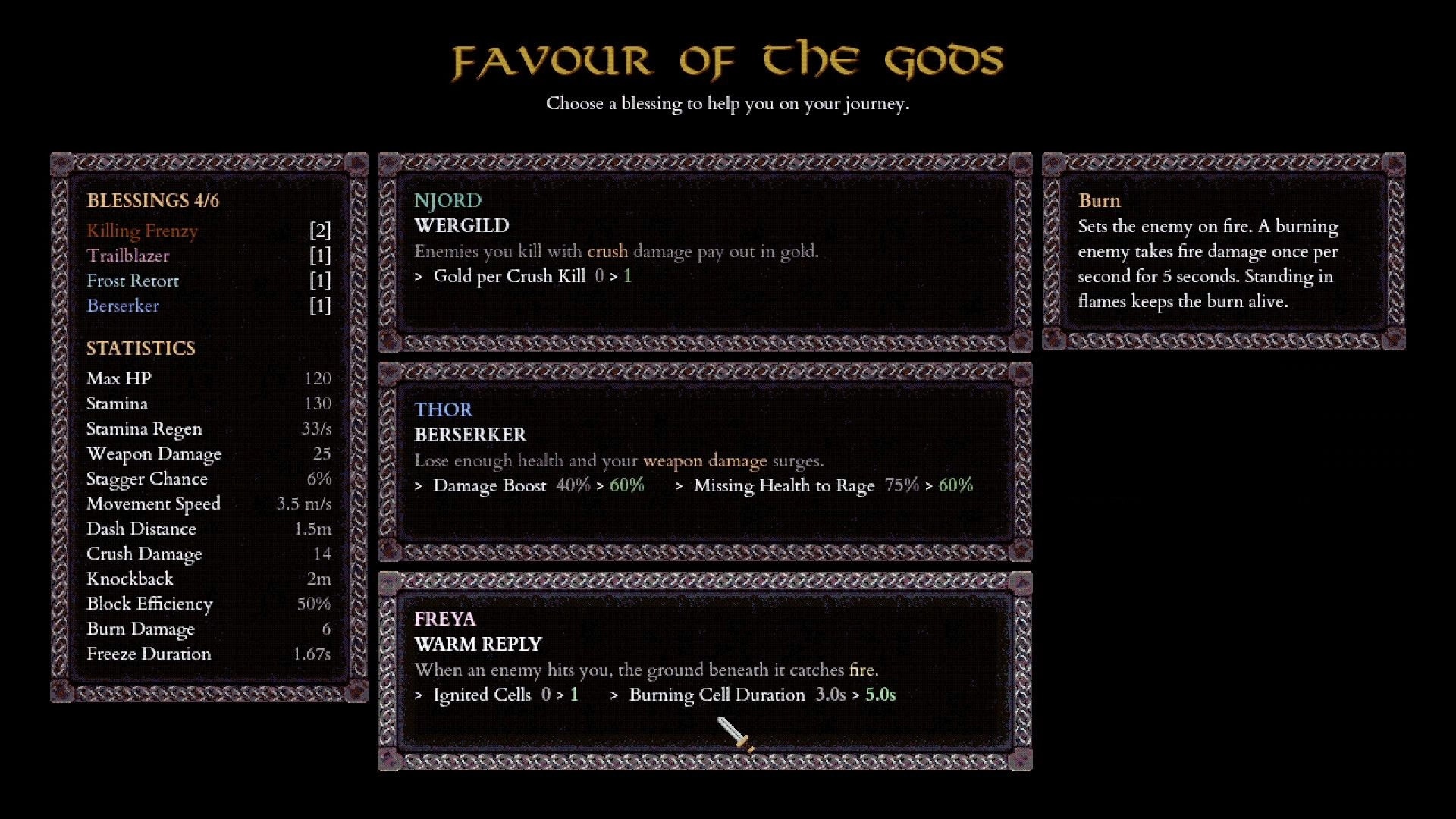 ALLFATHER: Favour of the Gods blessing selection menu with stats panel and perk descriptions on dark UI.