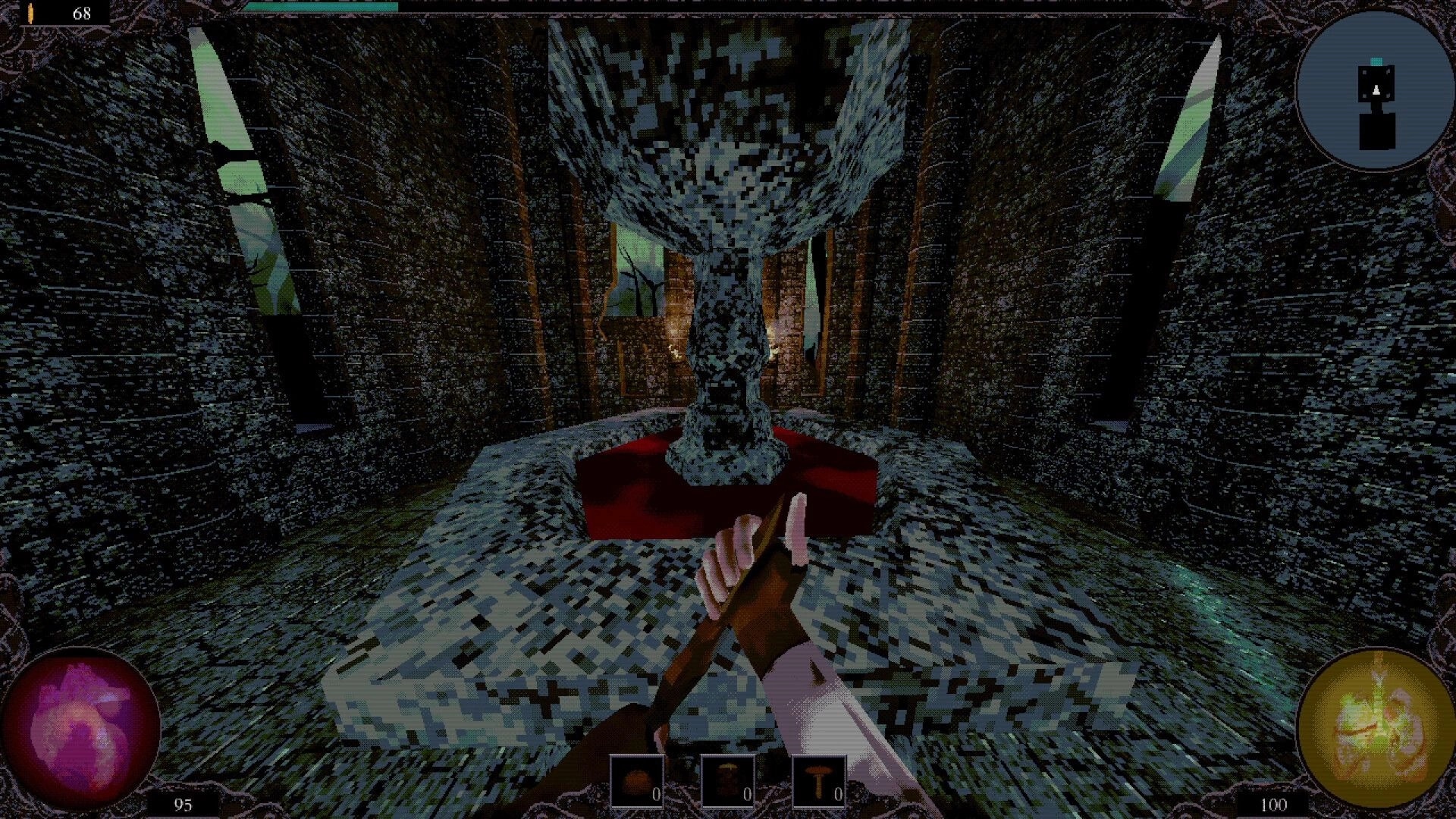 ALLFATHER: First-person view holding a spear facing a stone altar in a dim brick chamber with HUD icons.