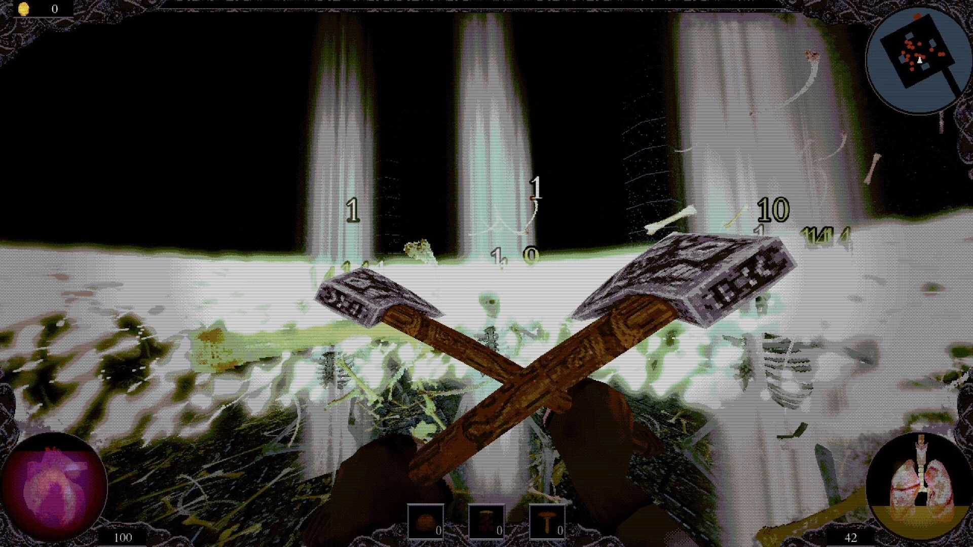 ALLFATHER: Dual hammers raised in first-person as damage numbers pop in a bright, foggy arena UI.