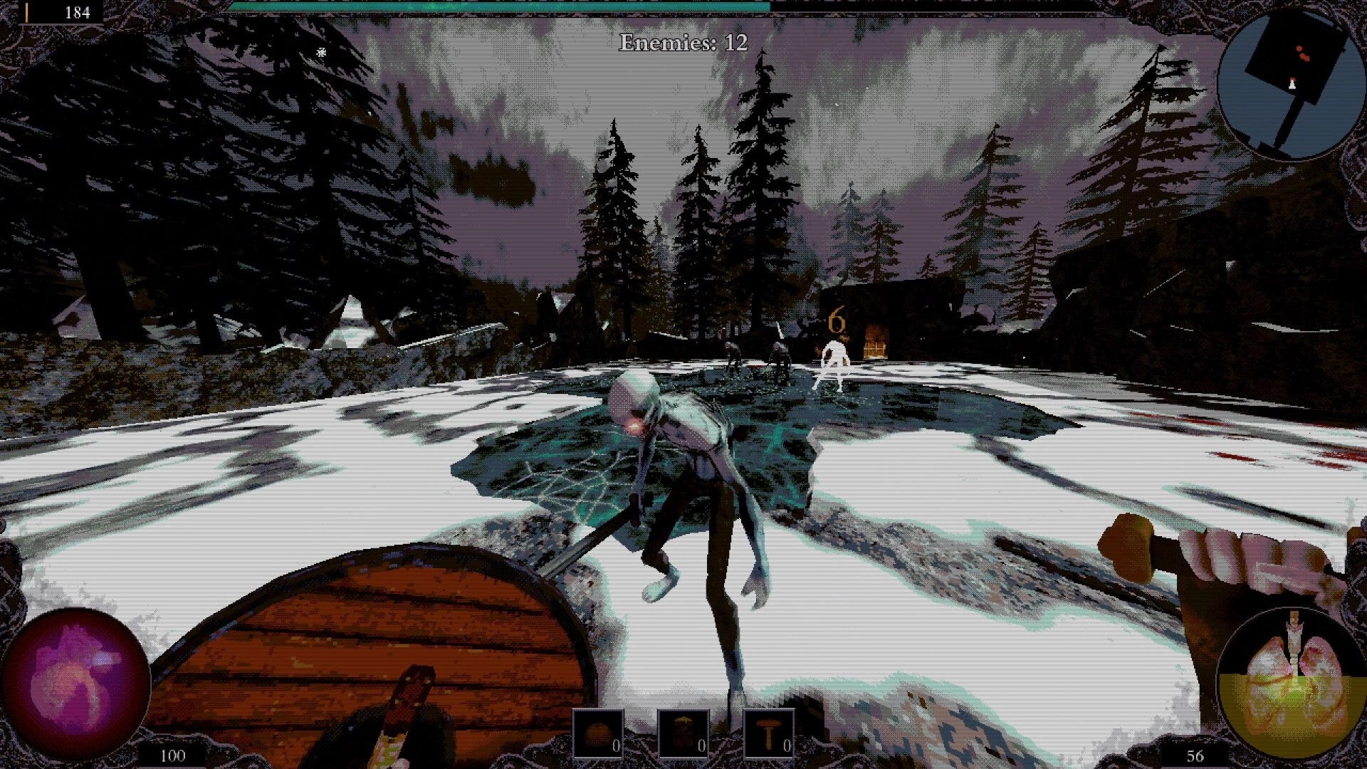 ALLFATHER: First-person melee fight with undead on icy river, HUD shows Enemies: 12 and minimap.