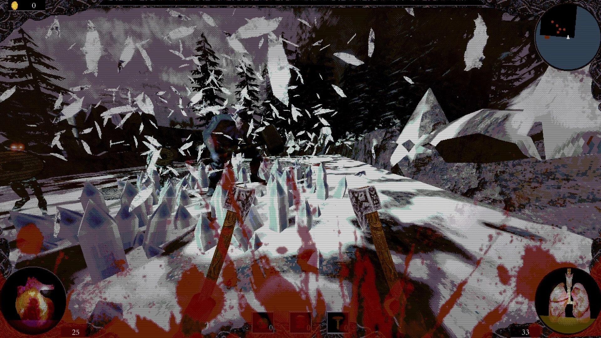ALLFATHER: First-person axe fight amid ice shards on snowy cliff path, minimap and health UI visible.