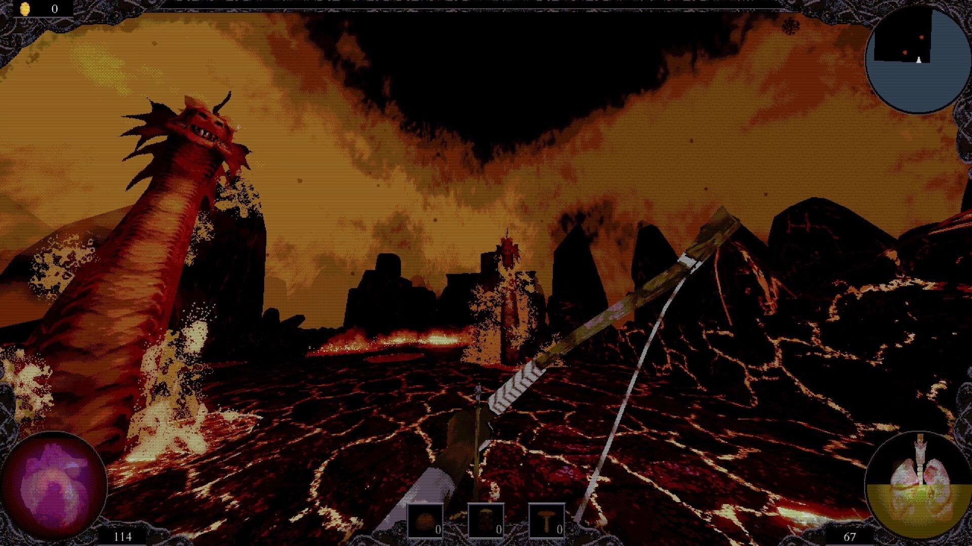 ALLFATHER: First-person bow aimed at red dragon in lava-cracked wasteland with minimap and HUD icons.