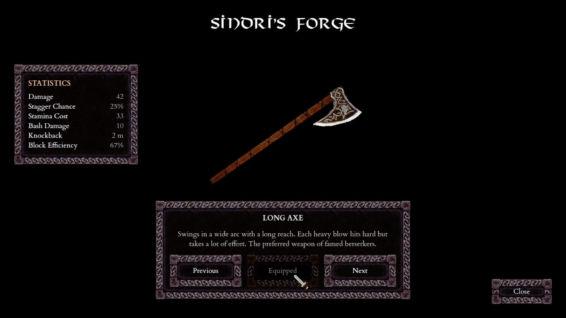 ALLFATHER: Sindri's Forge menu showing Long Axe preview with stats panel and equip buttons on black background.