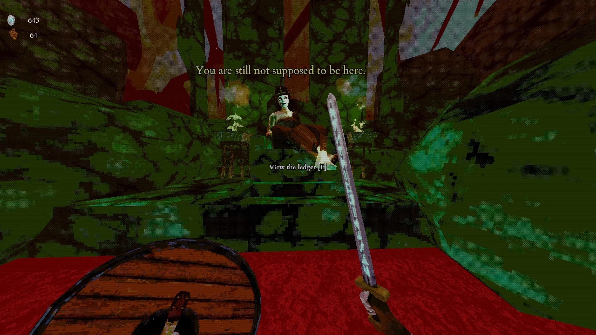 ALLFATHER: First-person sword and shield facing horned woman, prompt to view ledger in mossy ruin.