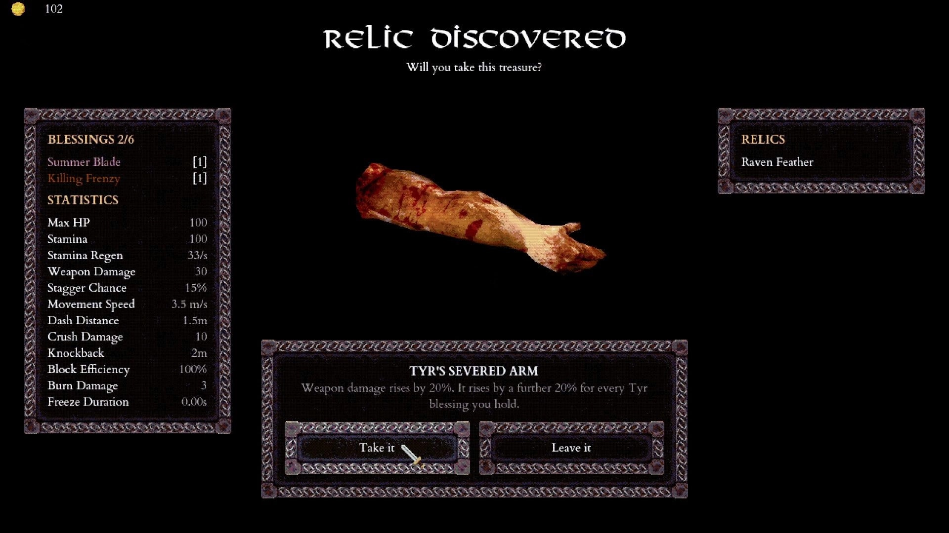 ALLFATHER: Relic discovered popup showing Tyr's severed arm with Take it or Leave it options on black screen.