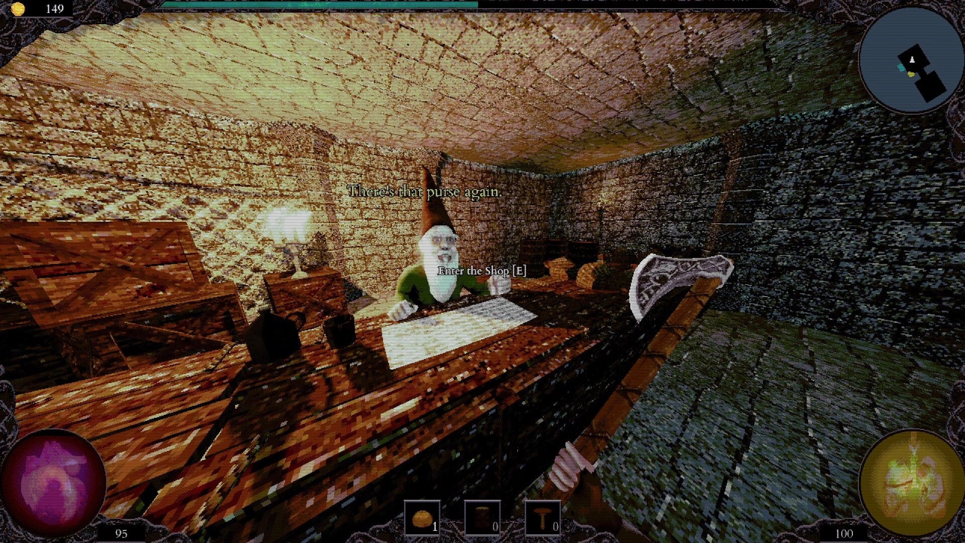 ALLFATHER: Player aims axe at shopkeeper with Enter the Shop [E] prompt in stone cellar shop room.
