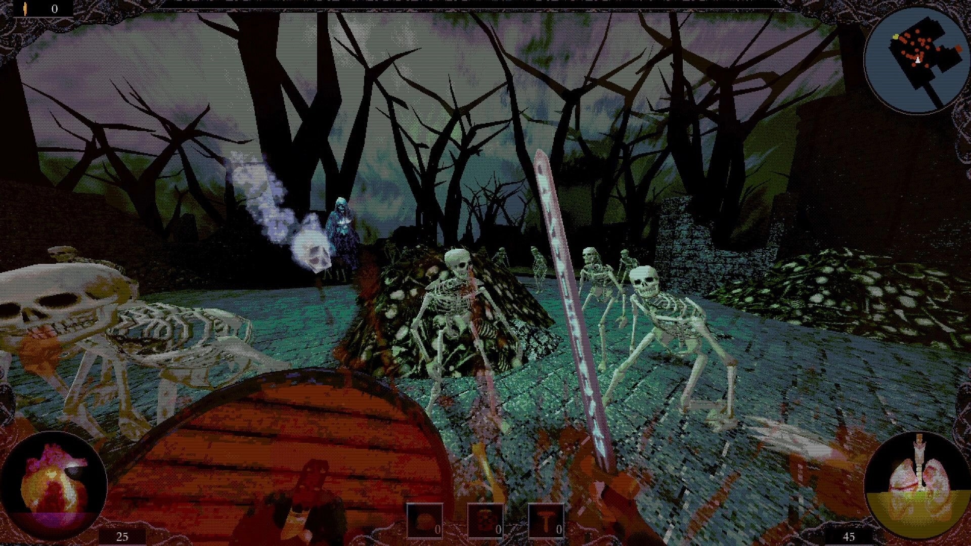 ALLFATHER: First-person sword and shield facing skeletons on a ruined path in dark forest, minimap HUD.