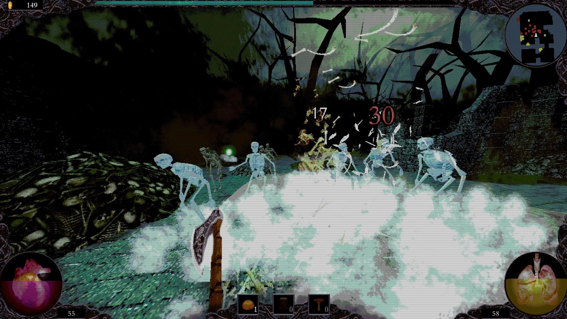 ALLFATHER: First-person axe fight vs glowing skeletons in misty graveyard, damage numbers and minimap HUD.