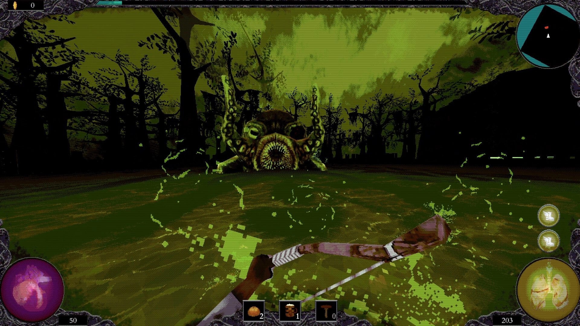 ALLFATHER: First-person bow aimed at tentacled monster across toxic swamp in eerie forest, HUD visible.