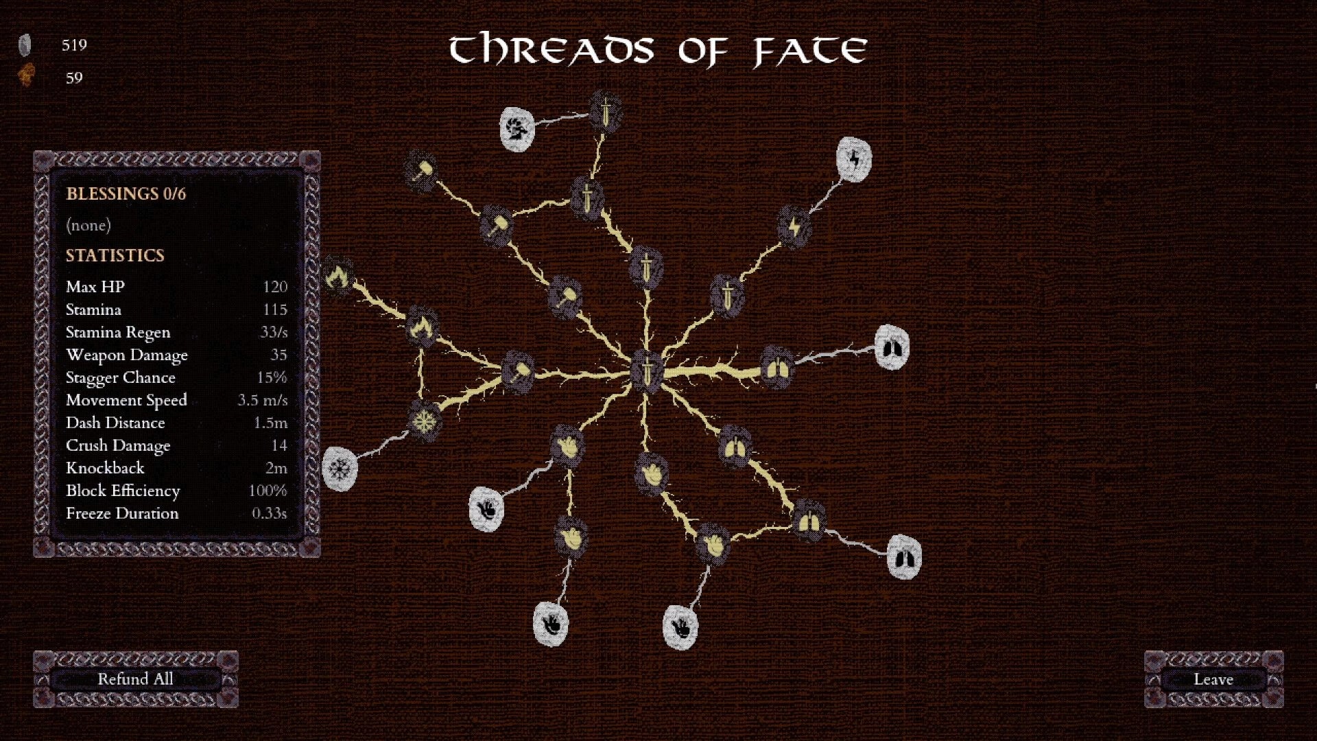 ALLFATHER: Threads of Fate upgrade tree menu with stat panel and node paths on parchment backdrop.