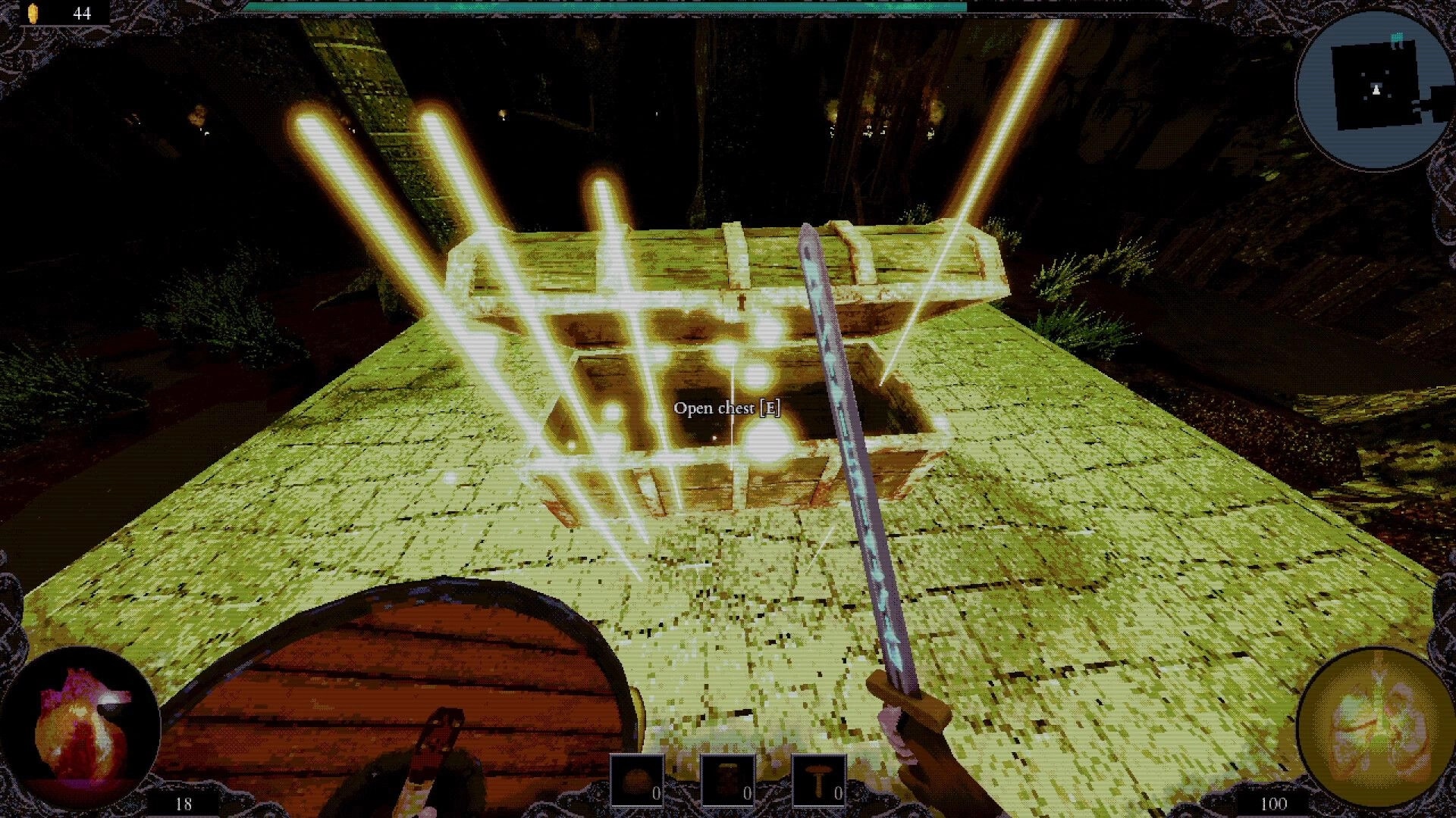 ALLFATHER: First-person view aiming at glowing loot chest with “Open chest [F]” prompt on stone platform.