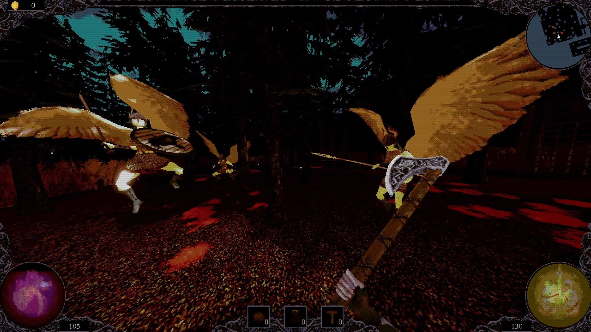 ALLFATHER: First-person axe fight against winged enemies in a dark forest, minimap and HUD visible.