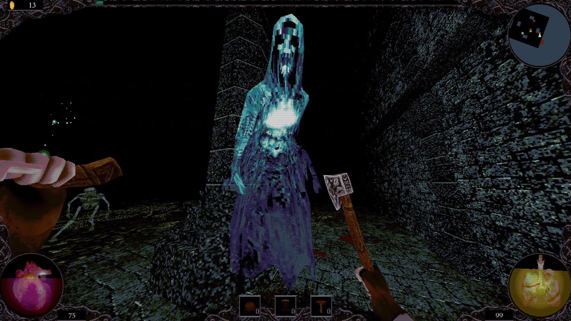 ALLFATHER: First-person view facing a glowing ghost in a stone corridor, minimap and item HUD visible.
