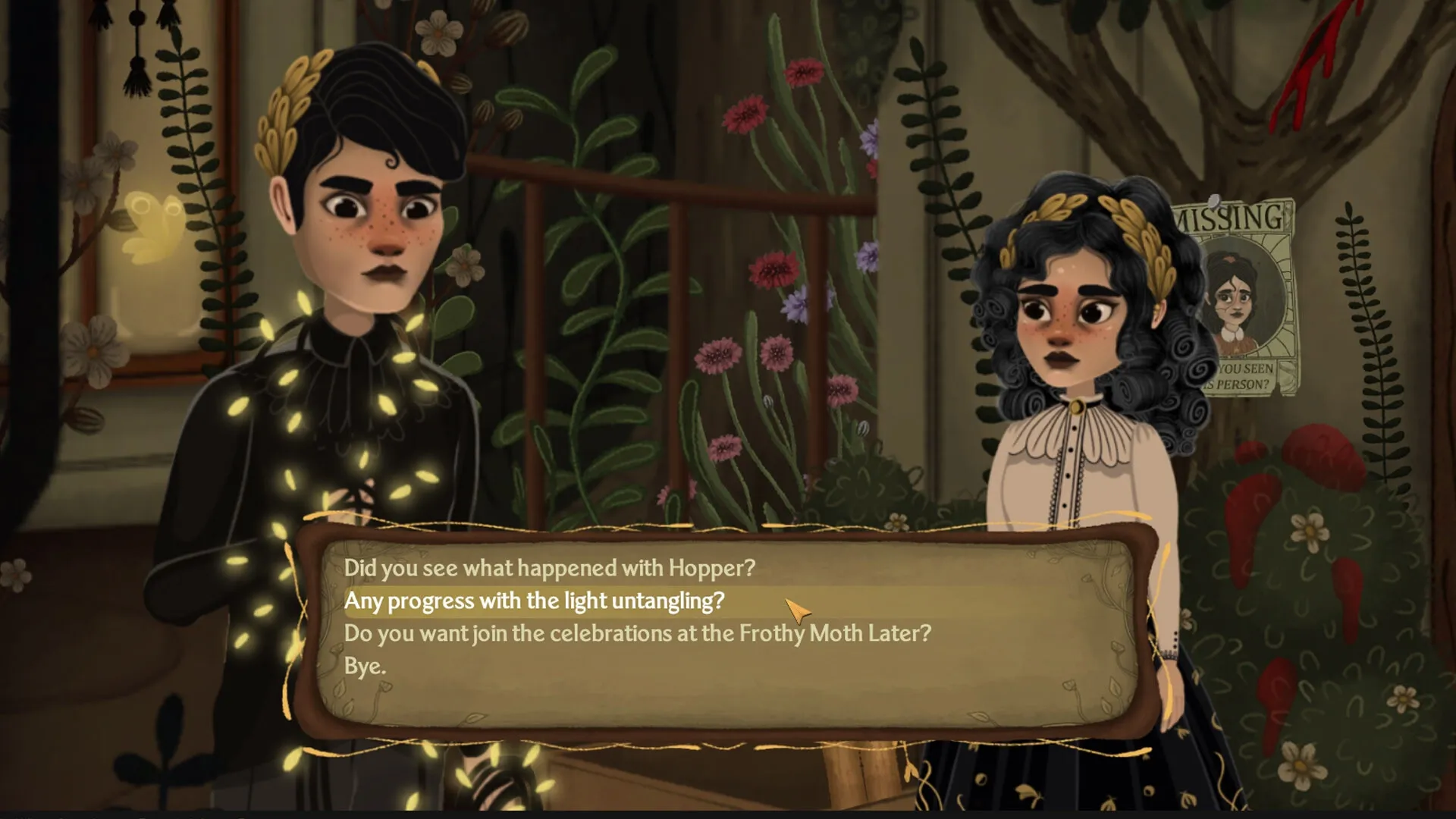 Allogloom: Nora conversing with a glowing character in a garden environment, dialogue options visible.