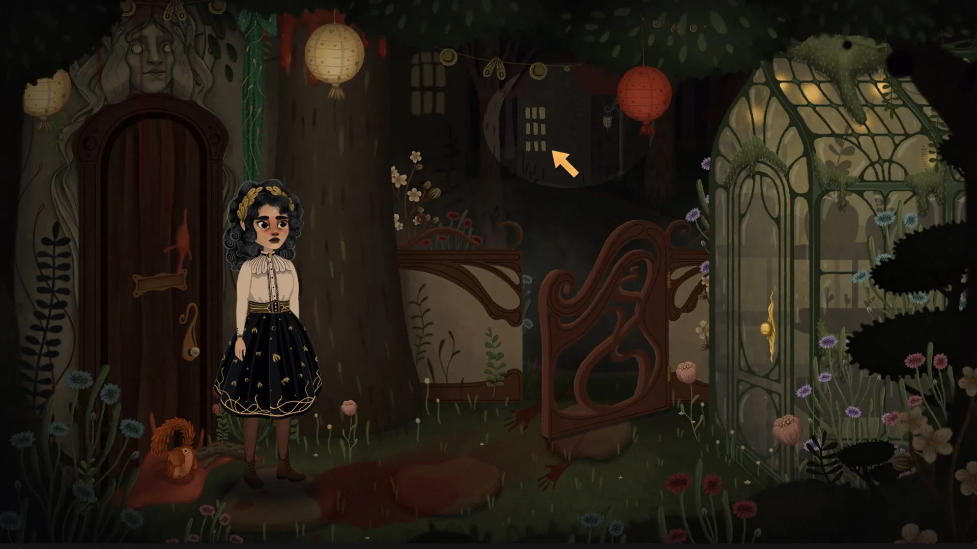 Allogloom: Nora stands outside a mysterious door in a dark, whimsical forest setting with lanterns.
