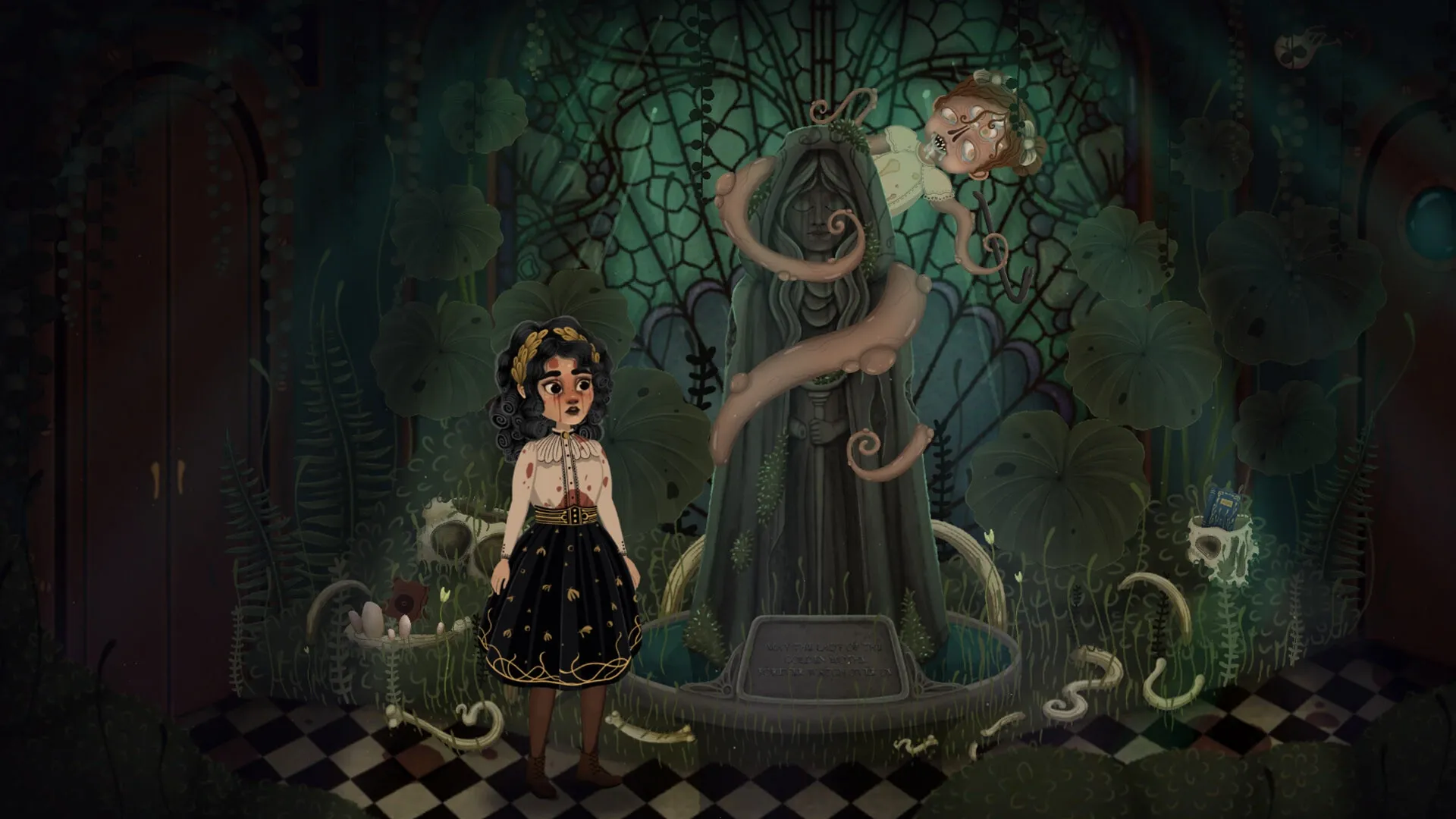 Allogloom: Nora stands before a tentacled statue in a lush, mysterious room with stained glass windows.