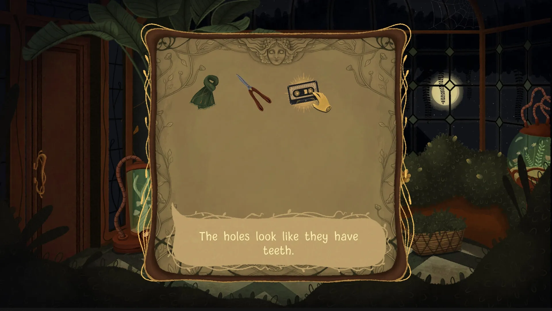 Allogloom: Inventory menu with cloth, scissors, tape in greenhouse at night, moonlight through windows