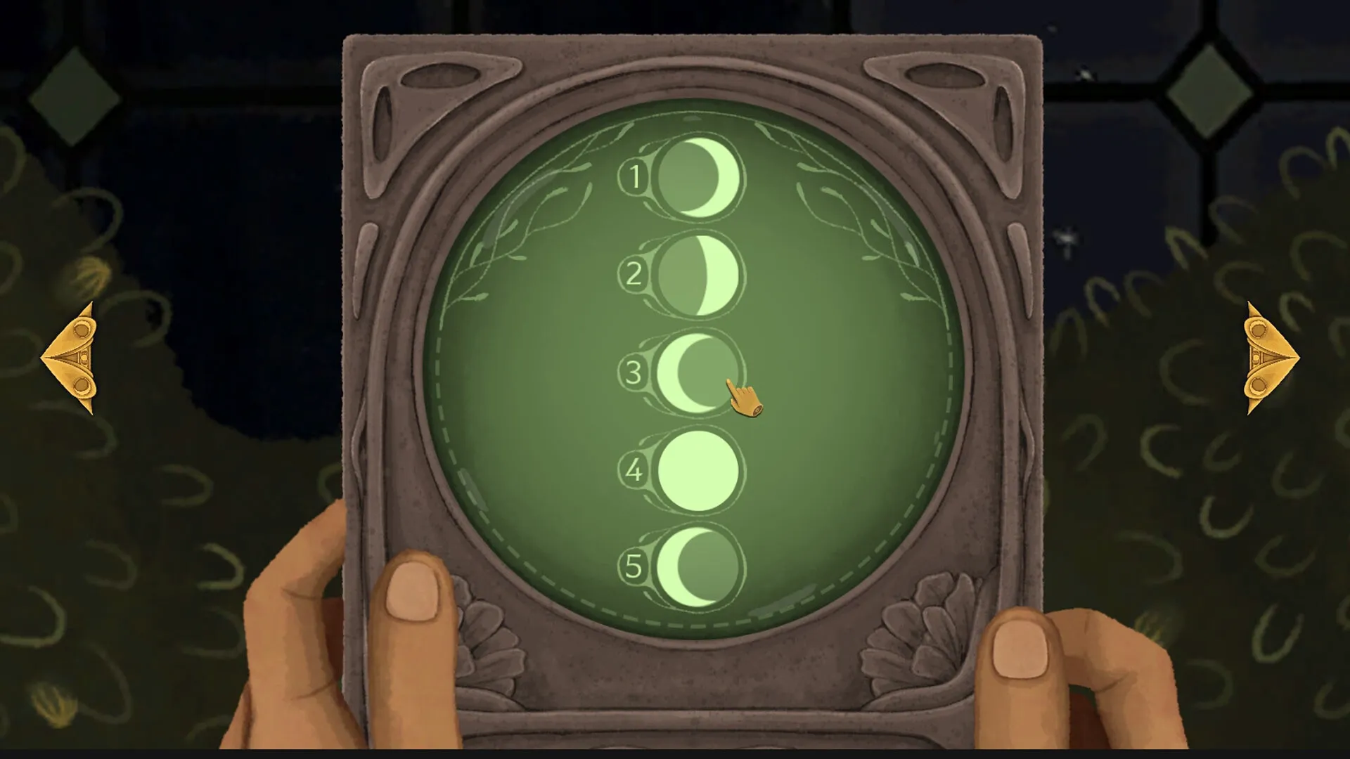 Allogloom: Player interacts with moon phase puzzle interface in a dark, leafy environment.