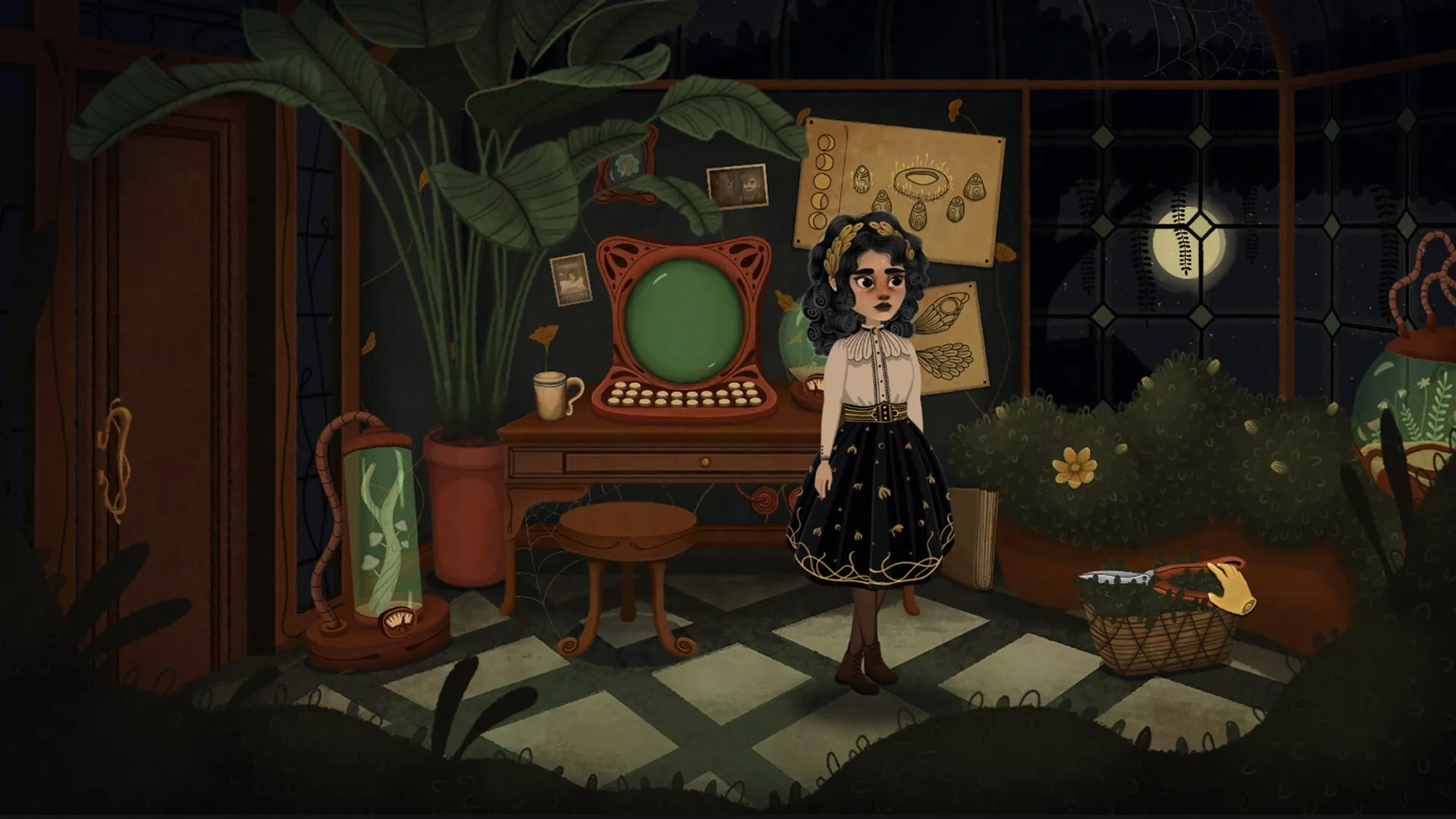 Allogloom: Nora stands in a moonlit greenhouse with an ornate typewriter and botanical drawings.