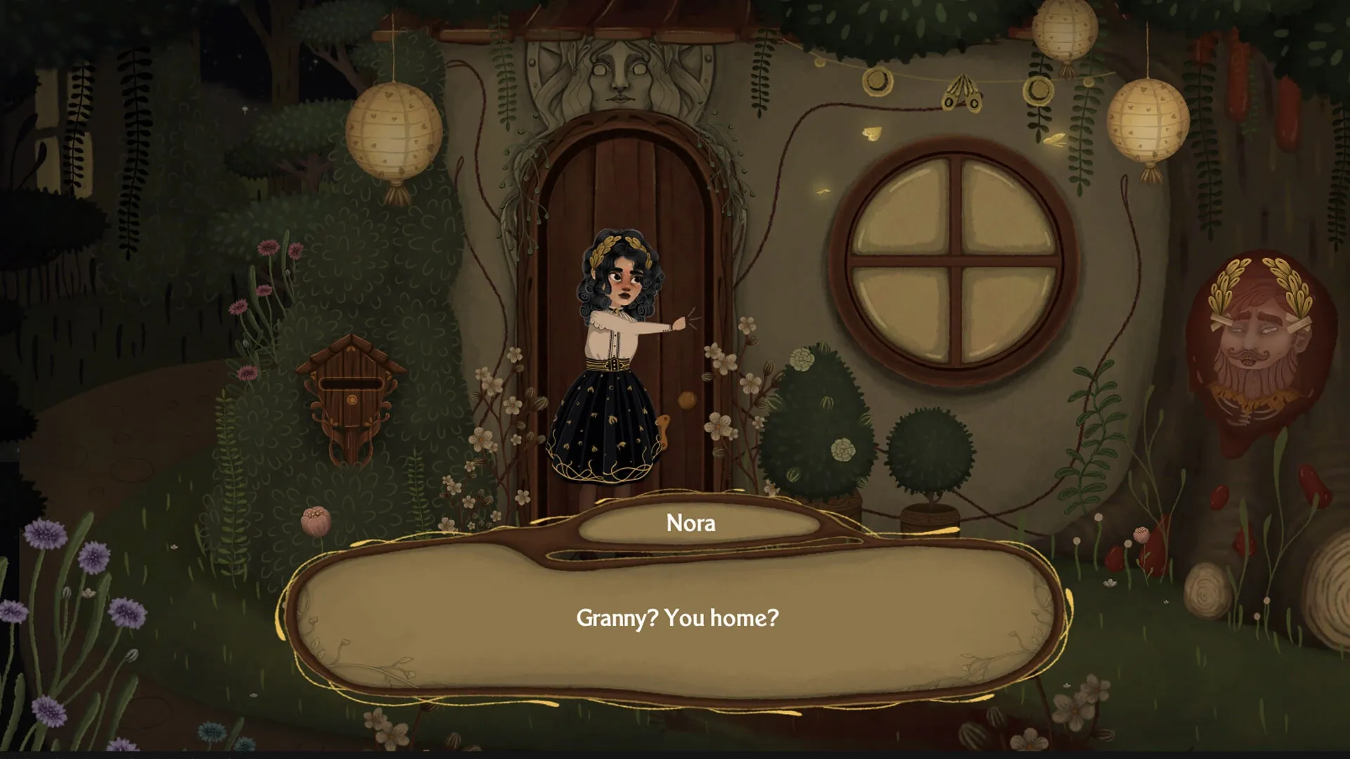 Allogloom: Nora in front of a cottage door at night, asking, "Granny? You home?" amidst forest scenery.