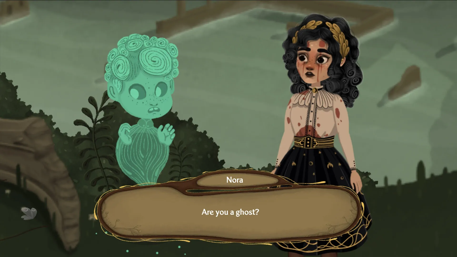 Allogloom: Nora converses with a ghostly figure in a misty forest setting, dialogue box visible.