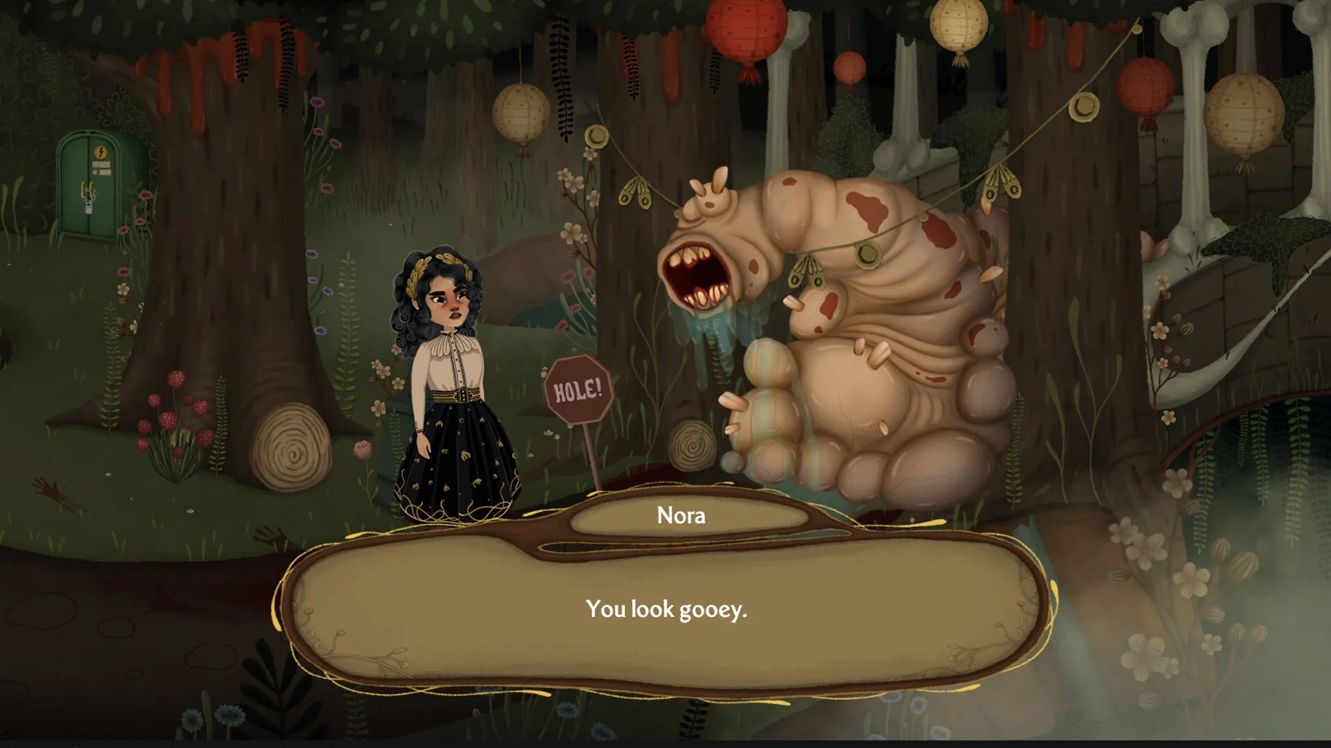 Allogloom: Nora converses with a large creature in an eerie forest, dialogue box shows "You look gooey."