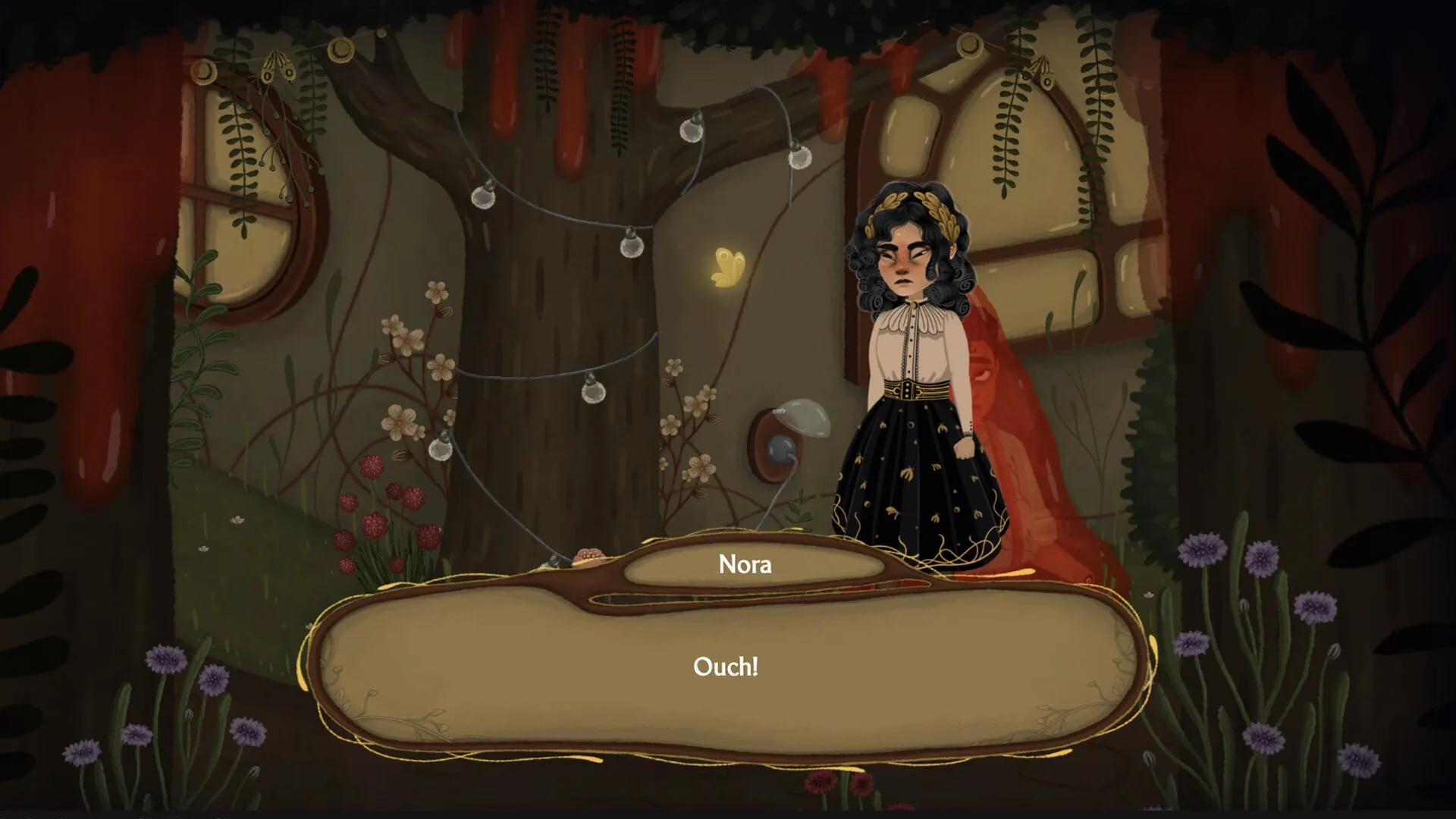 Allogloom: Nora stands in a dimly lit forest clearing beside a large tree, expressing discomfort.