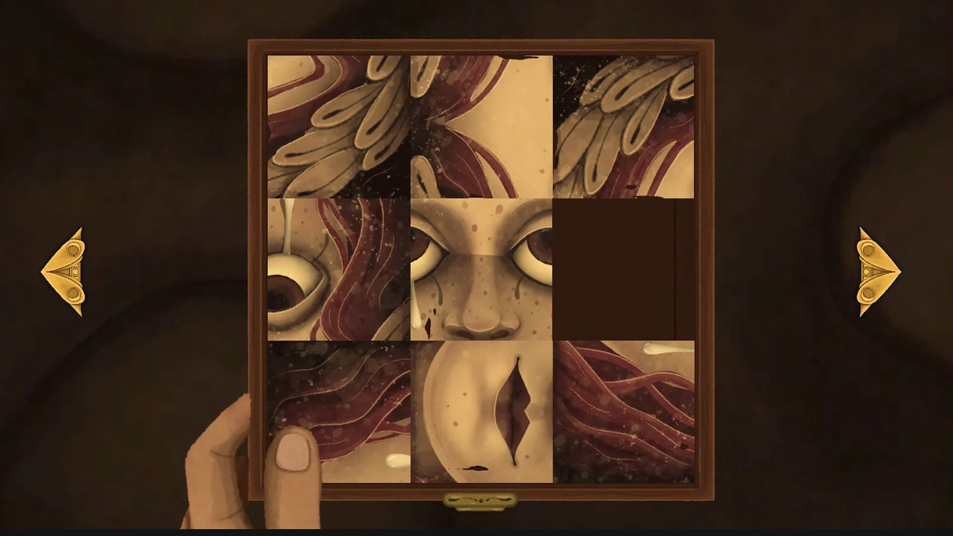 Allogloom: Sliding puzzle with incomplete face design, wooden frame, and navigation arrows in dark setting