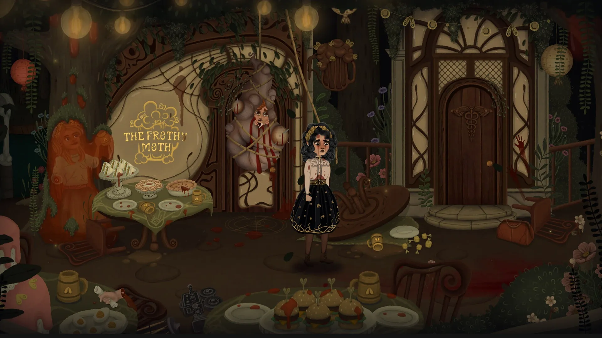 Allogloom: Nora stands in The Frothy Moth cafe, surrounded by eerie decor and a tied-up person.