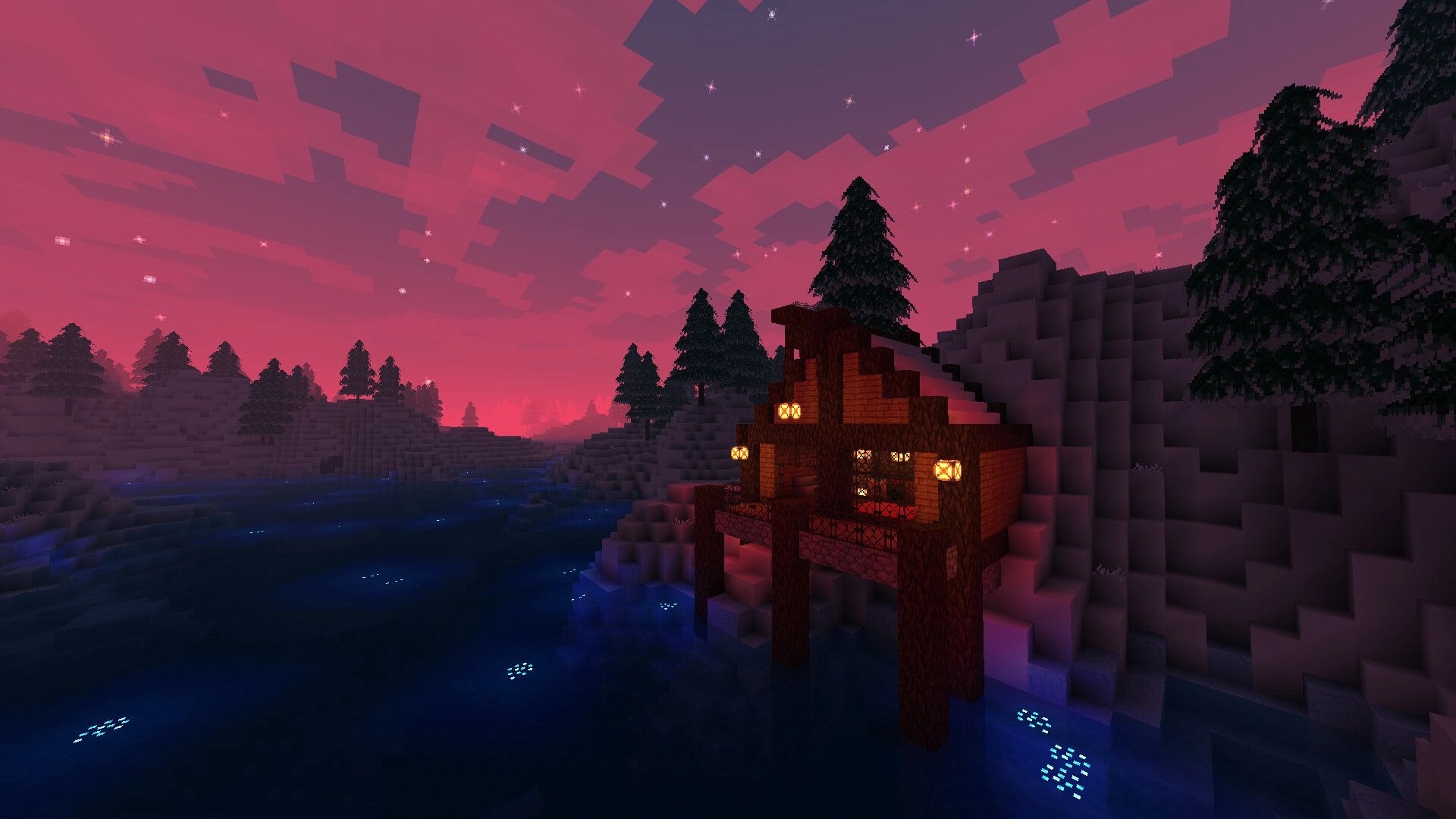 Allumeria: Cozy cabin with glowing lights by a serene river under a vibrant, starry pink sky