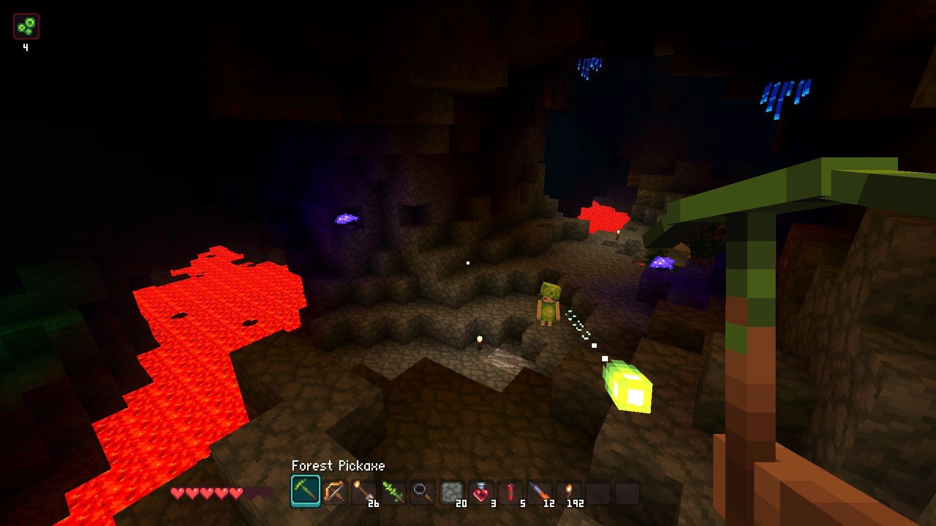 Allumeria: Player explores lava-lit cave wielding Forest Pickaxe with inventory and health bar visible