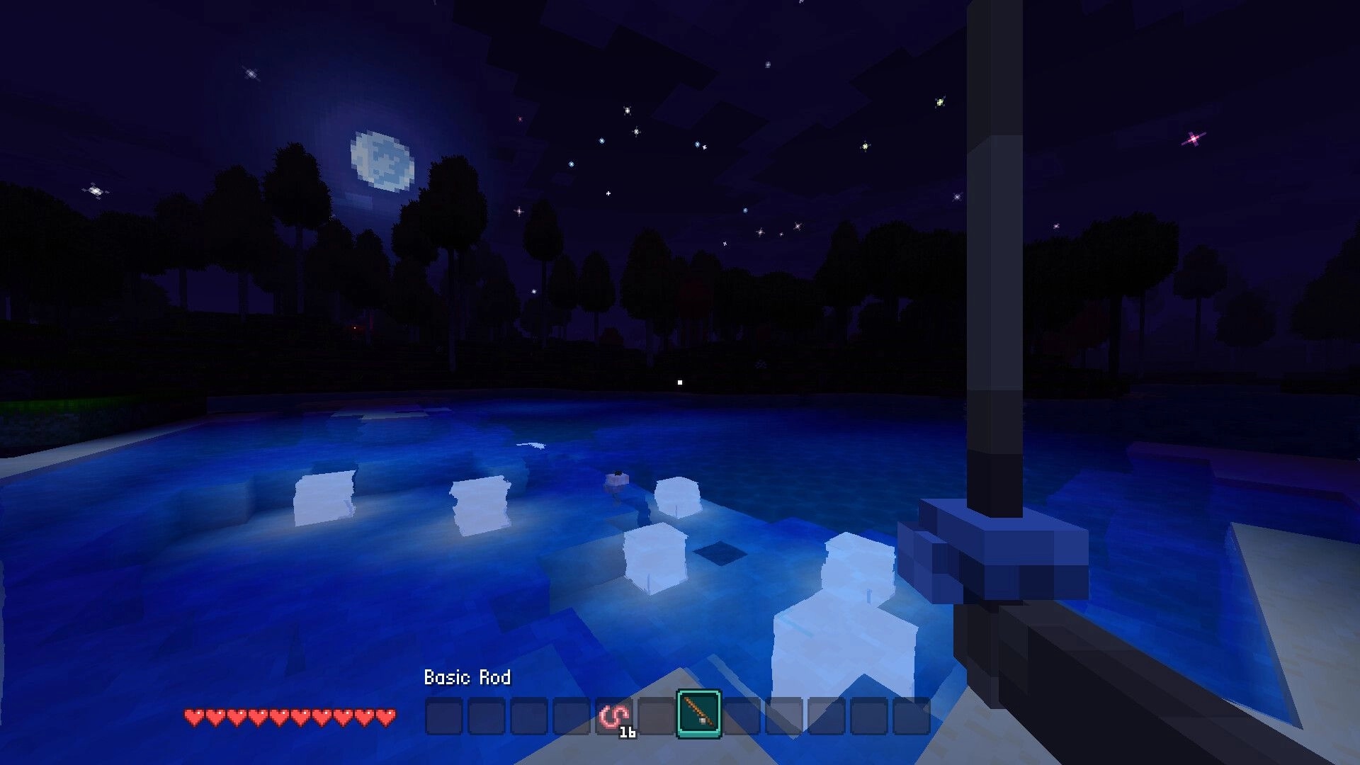 Allumeria: Night fishing with basic rod by moonlit lake, hearts and inventory icons visible