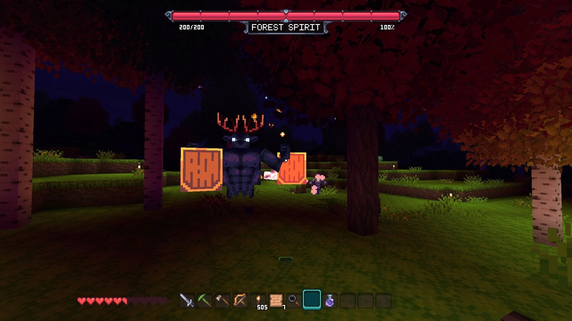 Allumeria: Player faces Forest Spirit with health bar in a dark, wooded area under moonlit sky.