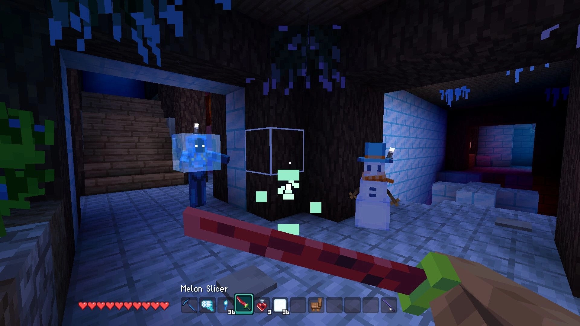 Allumeria: Player wielding Melon Slicer in icy cave with snowman and ice monster NPCs present