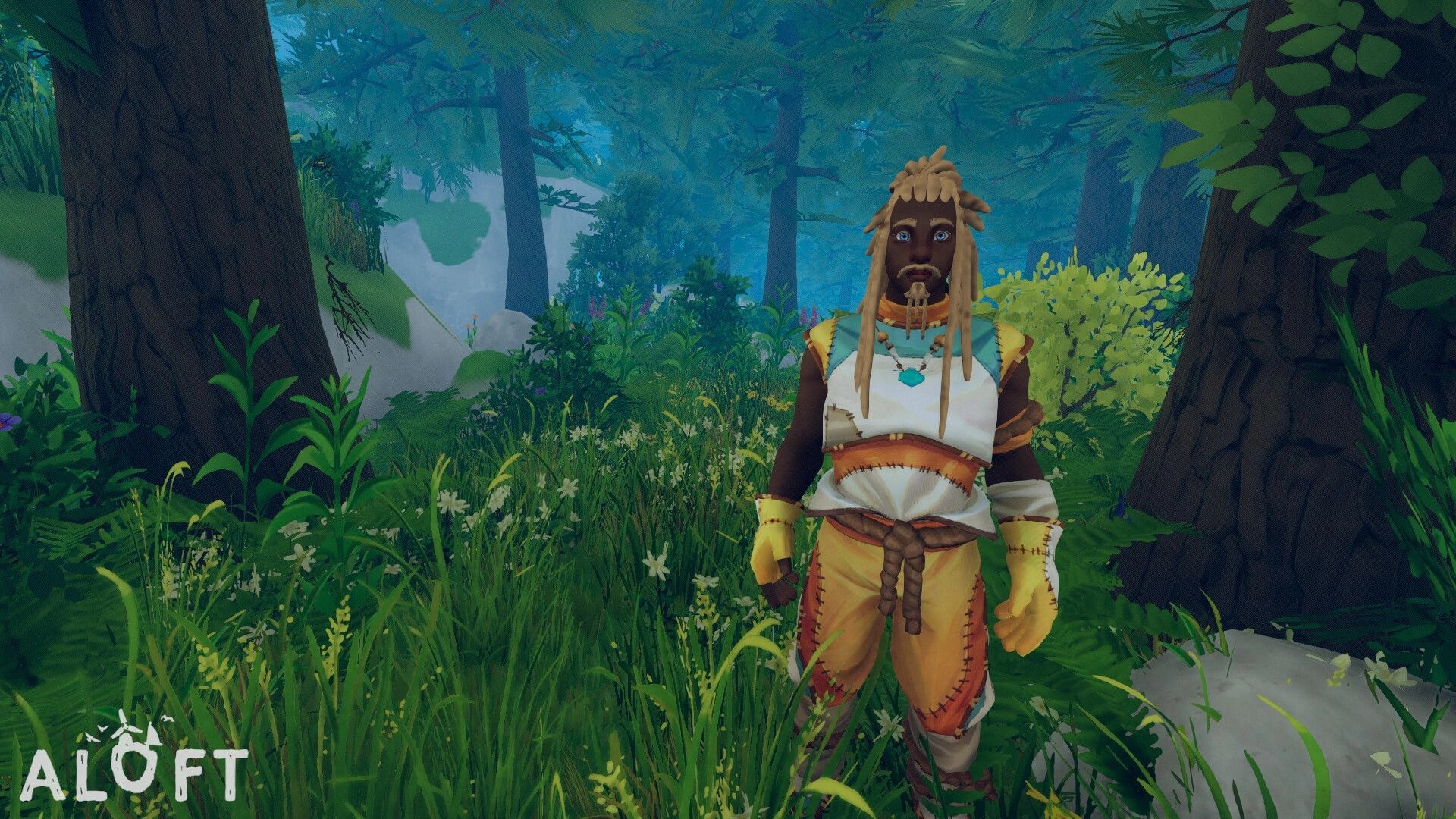 Aloft: Character stands in lush forest environment with tall trees and dense green foliage surrounding.