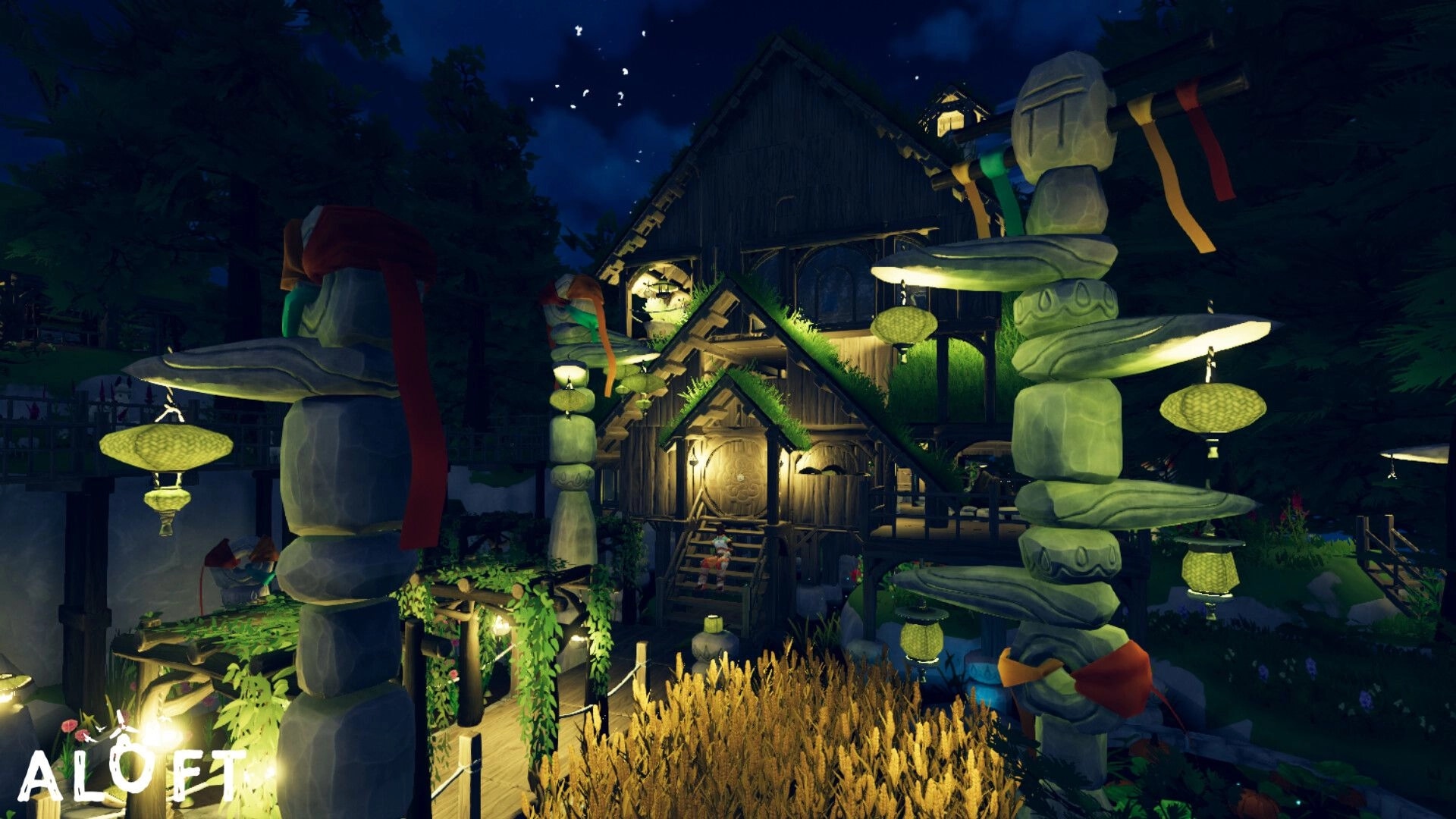 Aloft: Nighttime village scene with illuminated houses and stone pillars adorned with colorful ribbons