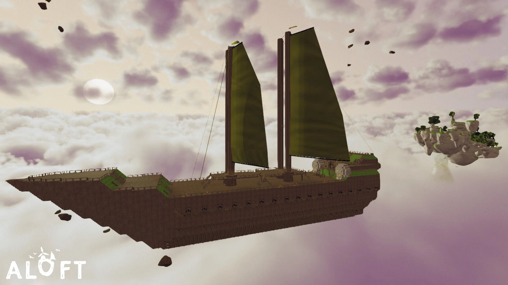Aloft: Large wooden skyship with green sails floats among clouds near distant floating islands